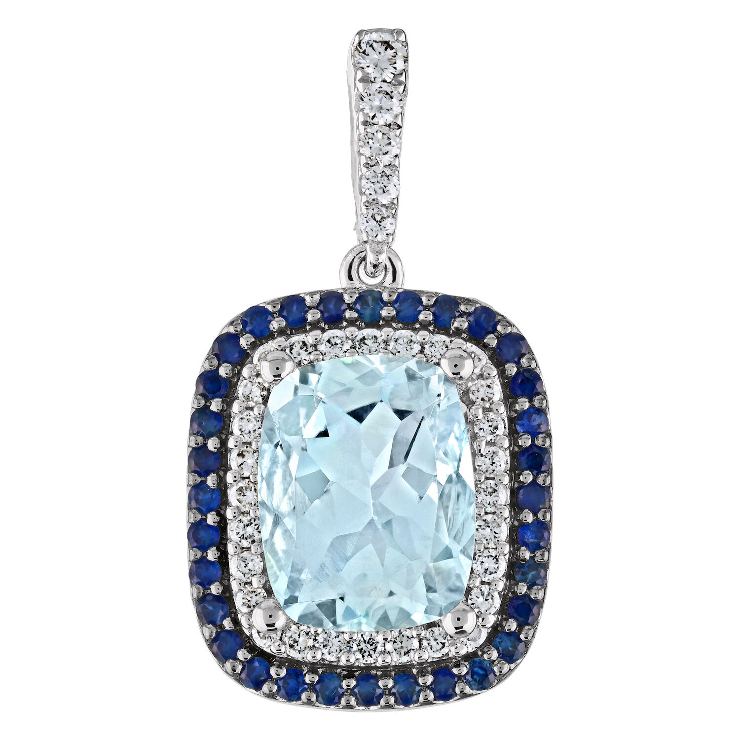 AquaBella&trade; 14K White Gold Elongated Cushion with Sapphire & Diamond Double Halo Drops Earrings 4.47 Ctw Natural Aquamarine