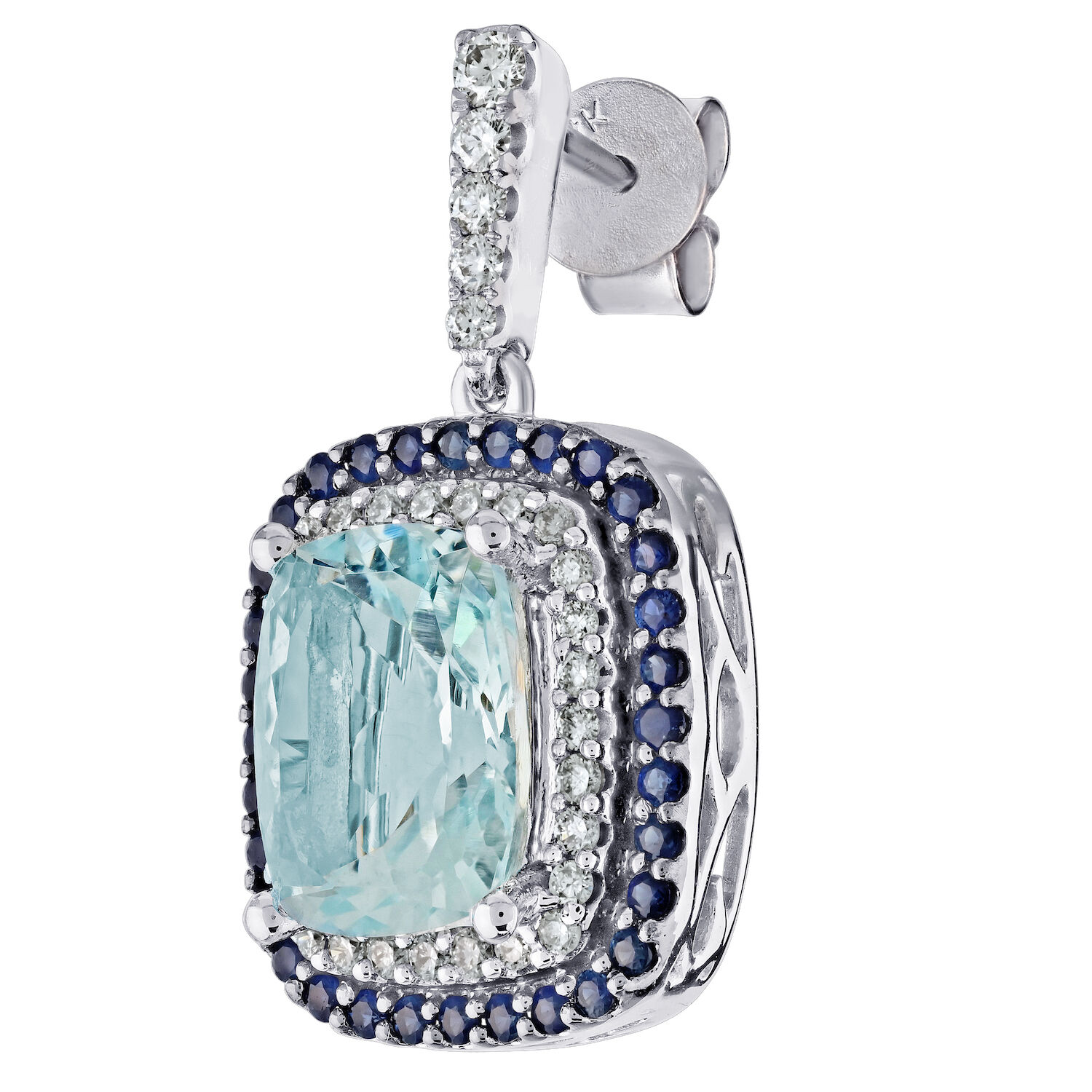 AquaBella&trade; 14K White Gold Elongated Cushion with Sapphire & Diamond Double Halo Drops Earrings 4.47 Ctw Natural Aquamarine