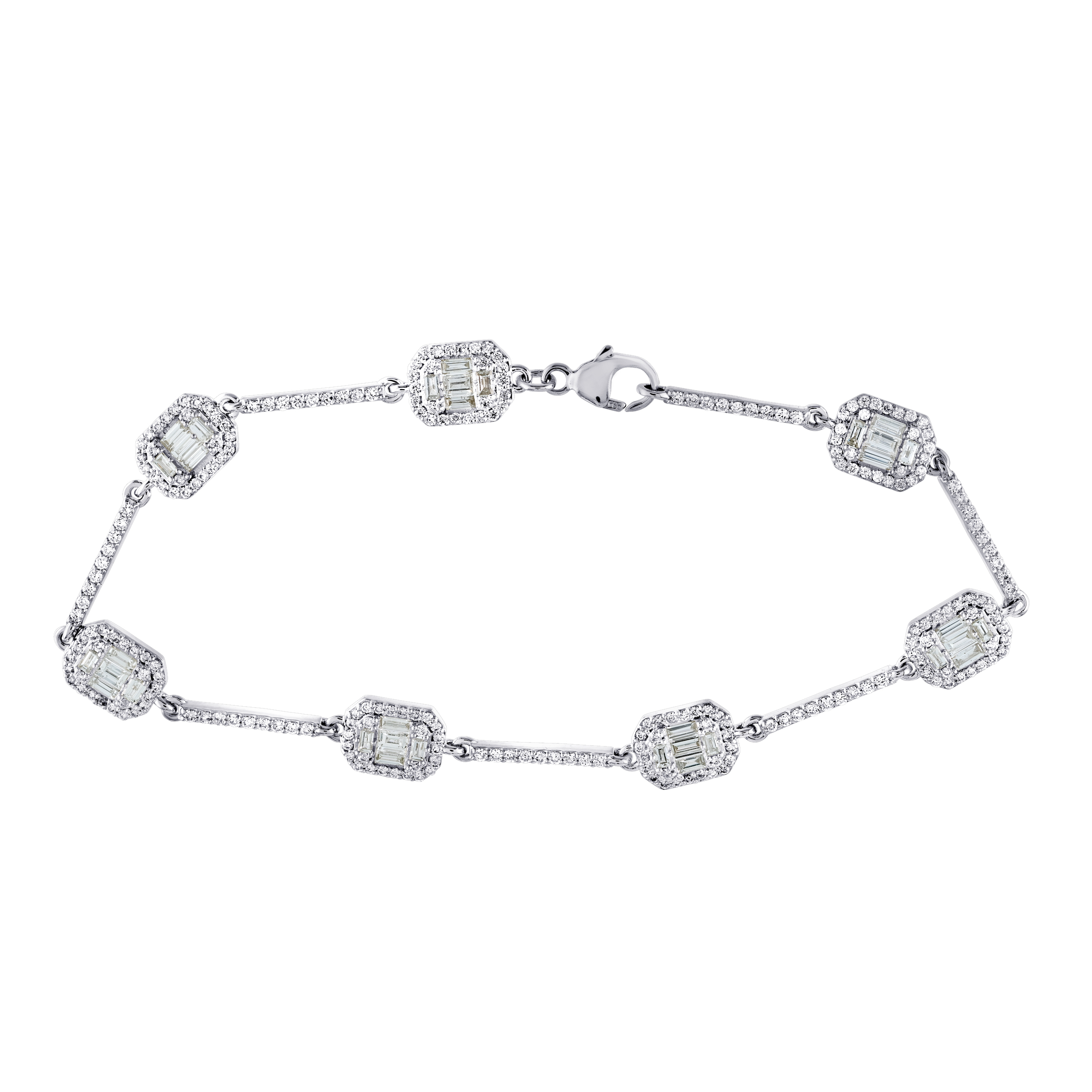 Bracelet: 14KW 7 Station Emerald Shape Clusters Diamond Bars 280 Dias. 2.00 Ctw