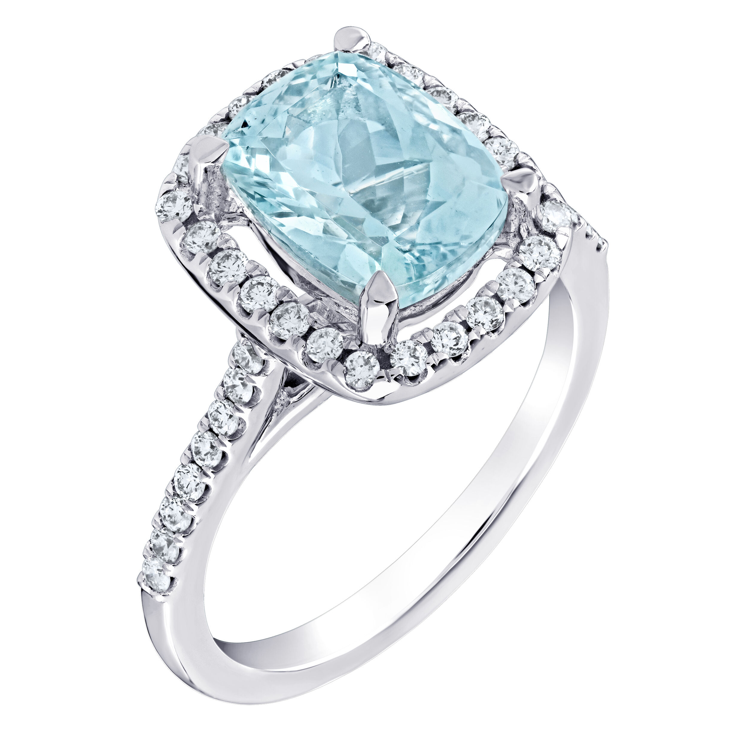 AquaBella&trade; 14K White Gold Elongated Cushion Halo Pave Shoulders Ring 2.98 Ctw Natural Aquamarine