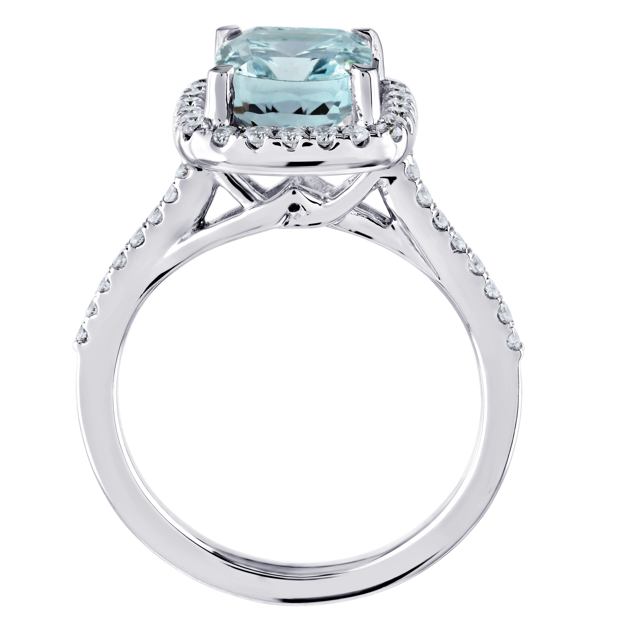 AquaBella&trade; 14K White Gold Elongated Cushion Halo Pave Shoulders Ring 2.98 Ctw Natural Aquamarine