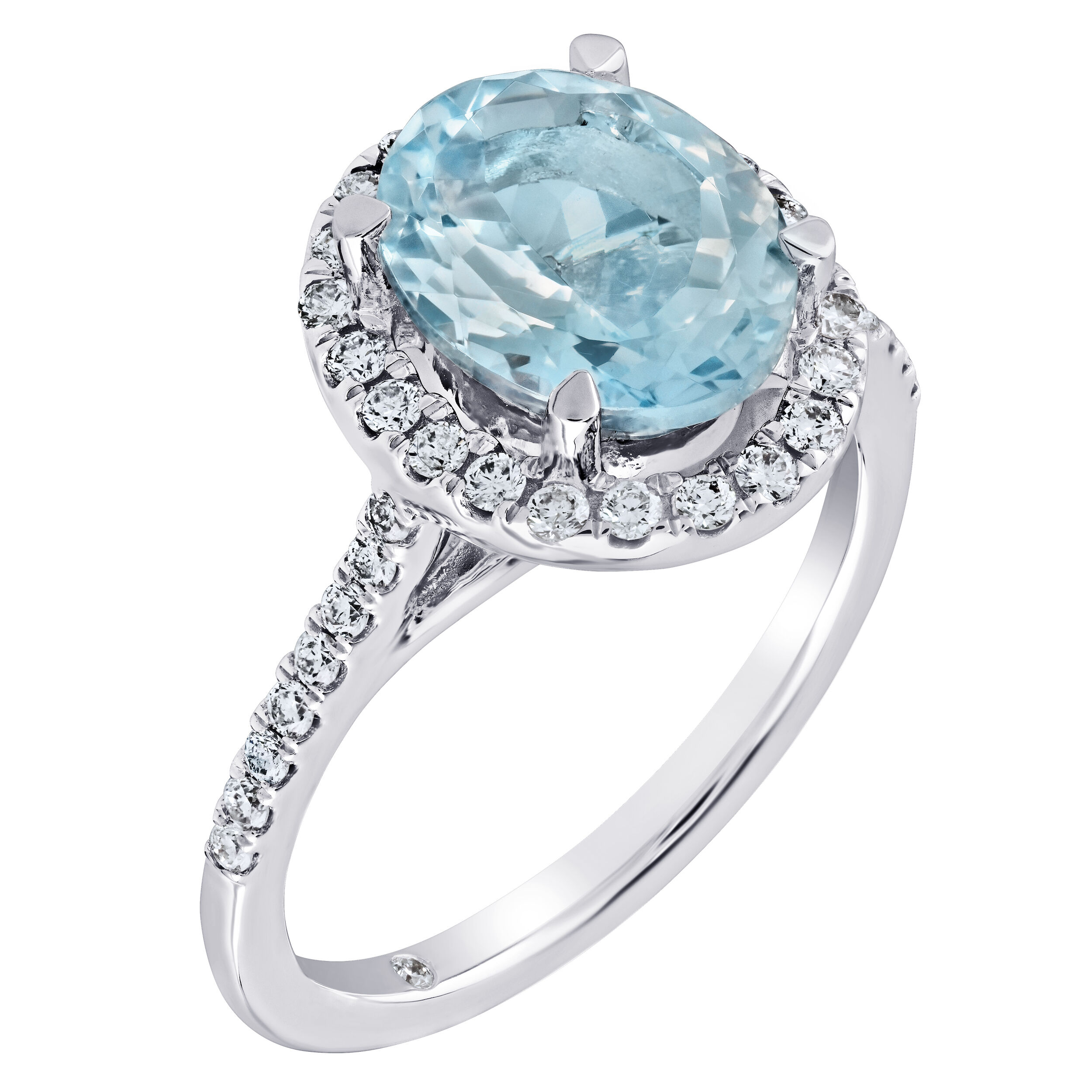 AquaBella&trade; 14K White Gold Oval Halo with Pave Shoulders Ring 2.85 Ctw Natural Aquamarine
