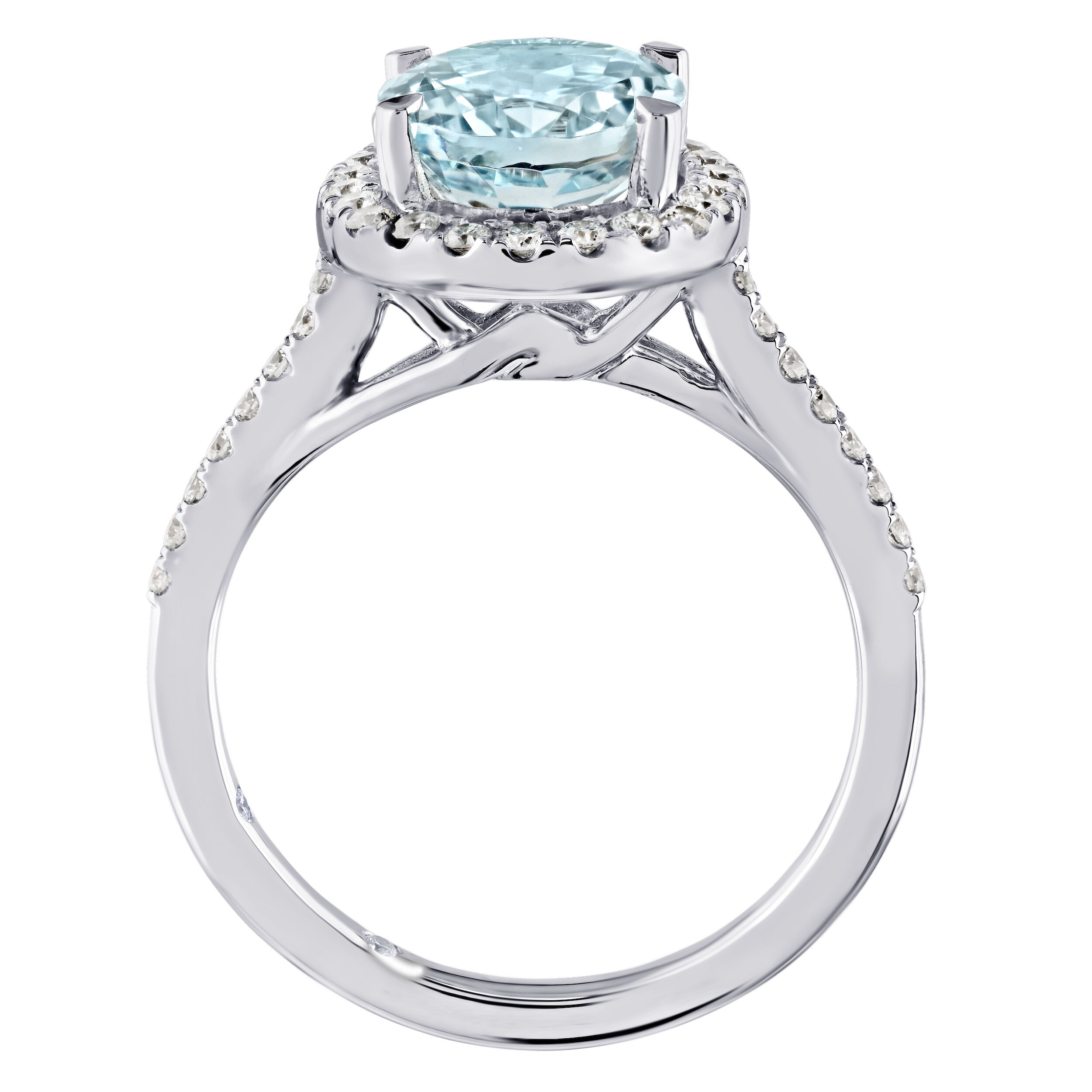 AquaBella&trade; 14K White Gold Oval Halo with Pave Shoulders Ring 2.85 Ctw Natural Aquamarine