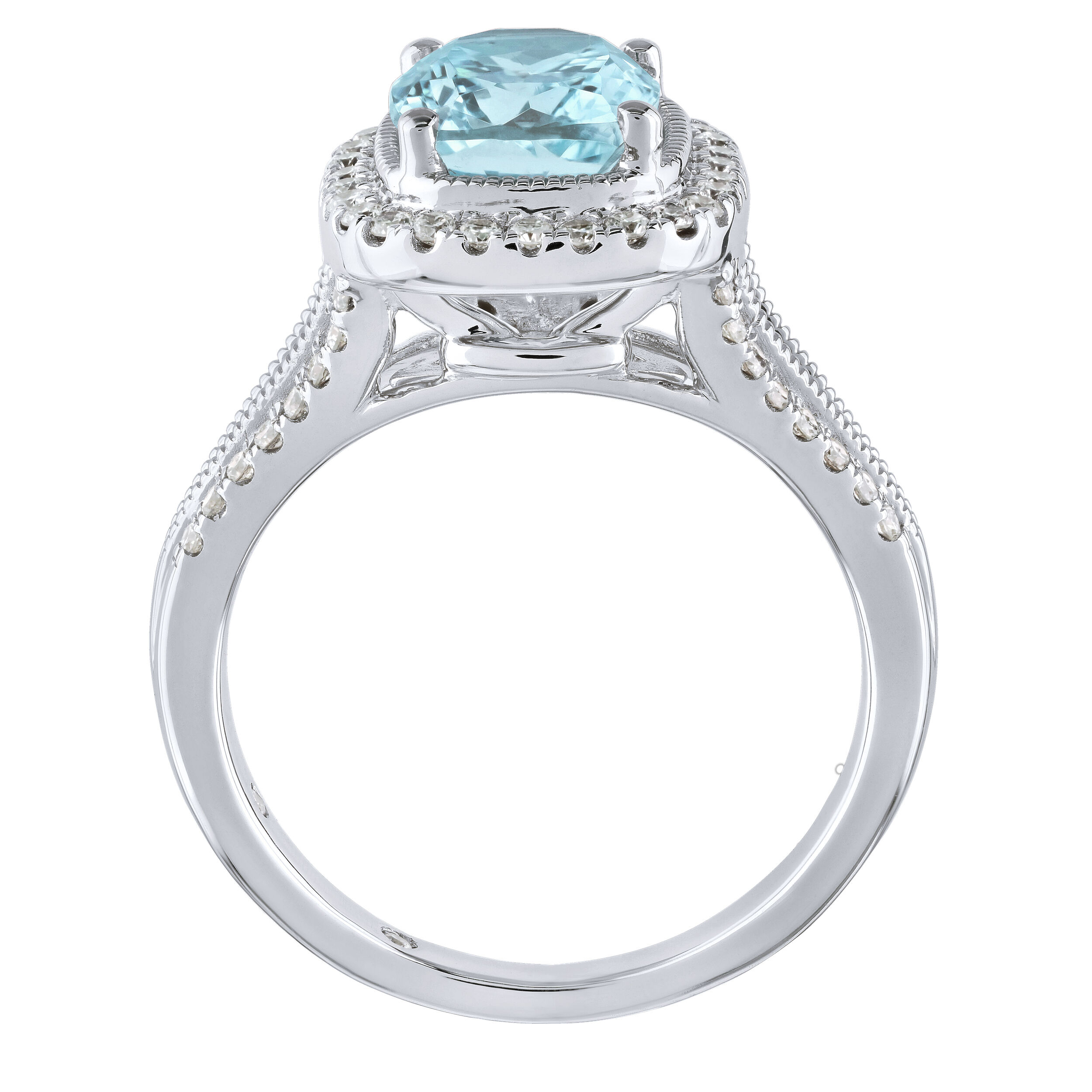 AquaBella&trade; 14K White Gold Elongated Aquamarine Halo with Textured Bezel Split Shank Ring 2.42 Ctw Natural Aquamarine