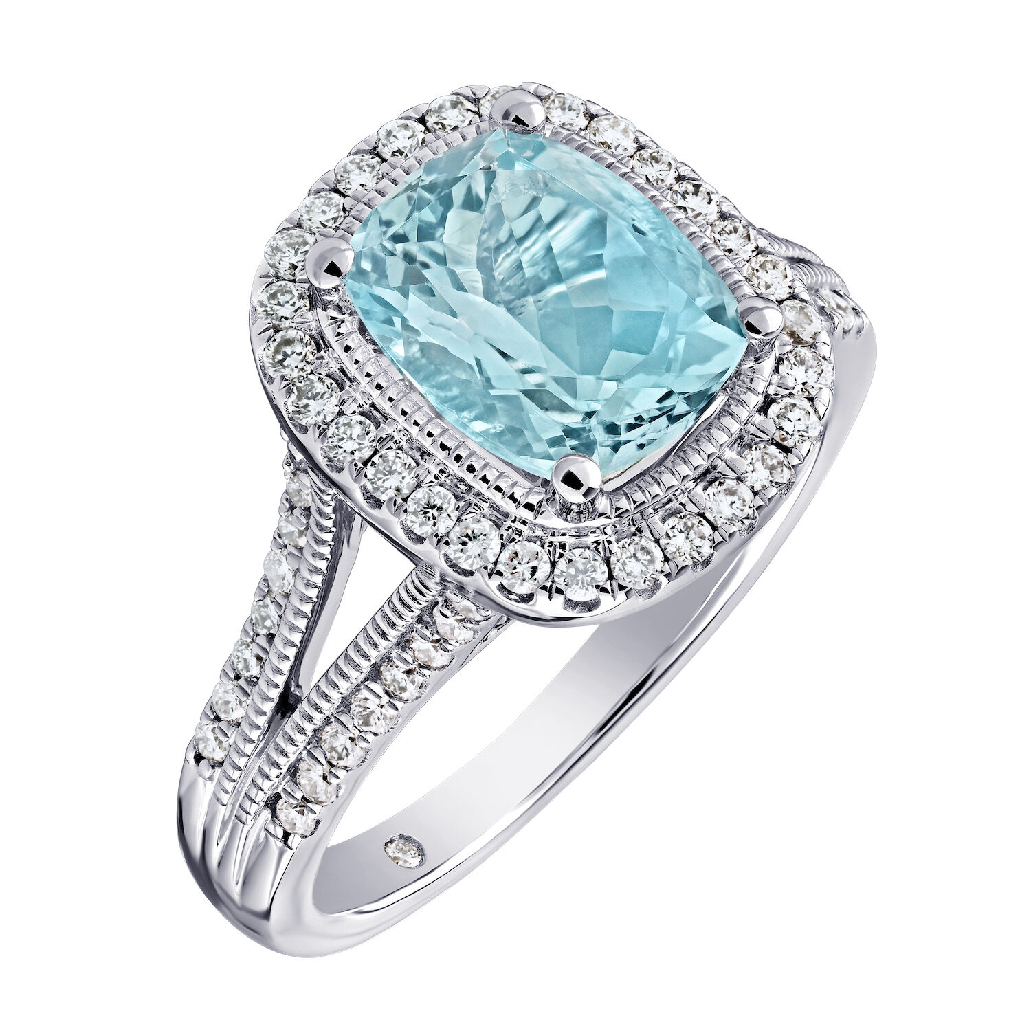AquaBella&trade; 14K White Gold Elongated Aquamarine Halo with Textured Bezel Split Shank Ring 2.42 Ctw Natural Aquamarine