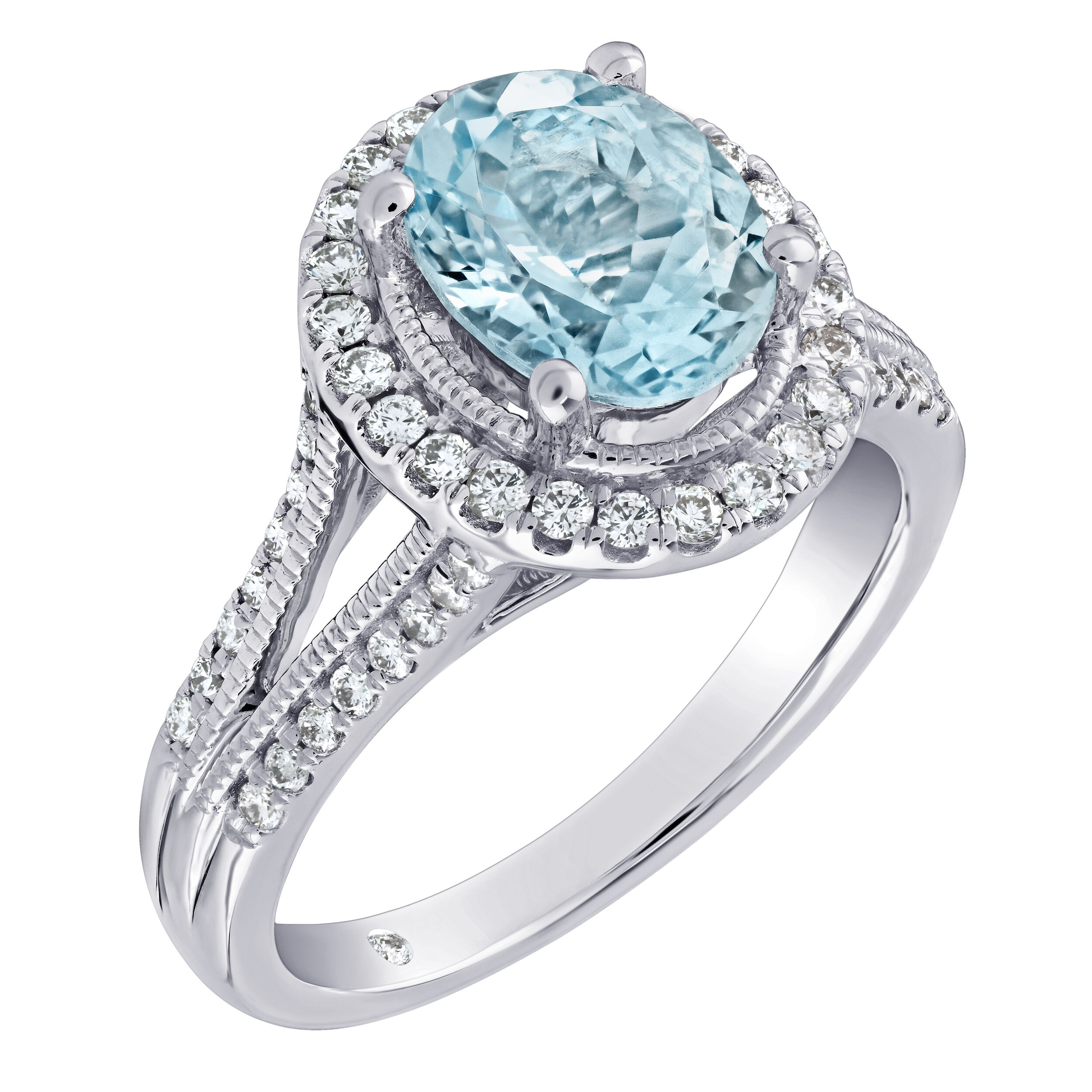 AquaBella&trade; 14K White Gold Oval Halo with Textured Bezel Split Shank Ring 2.24 Ctw Natural Aquamarine