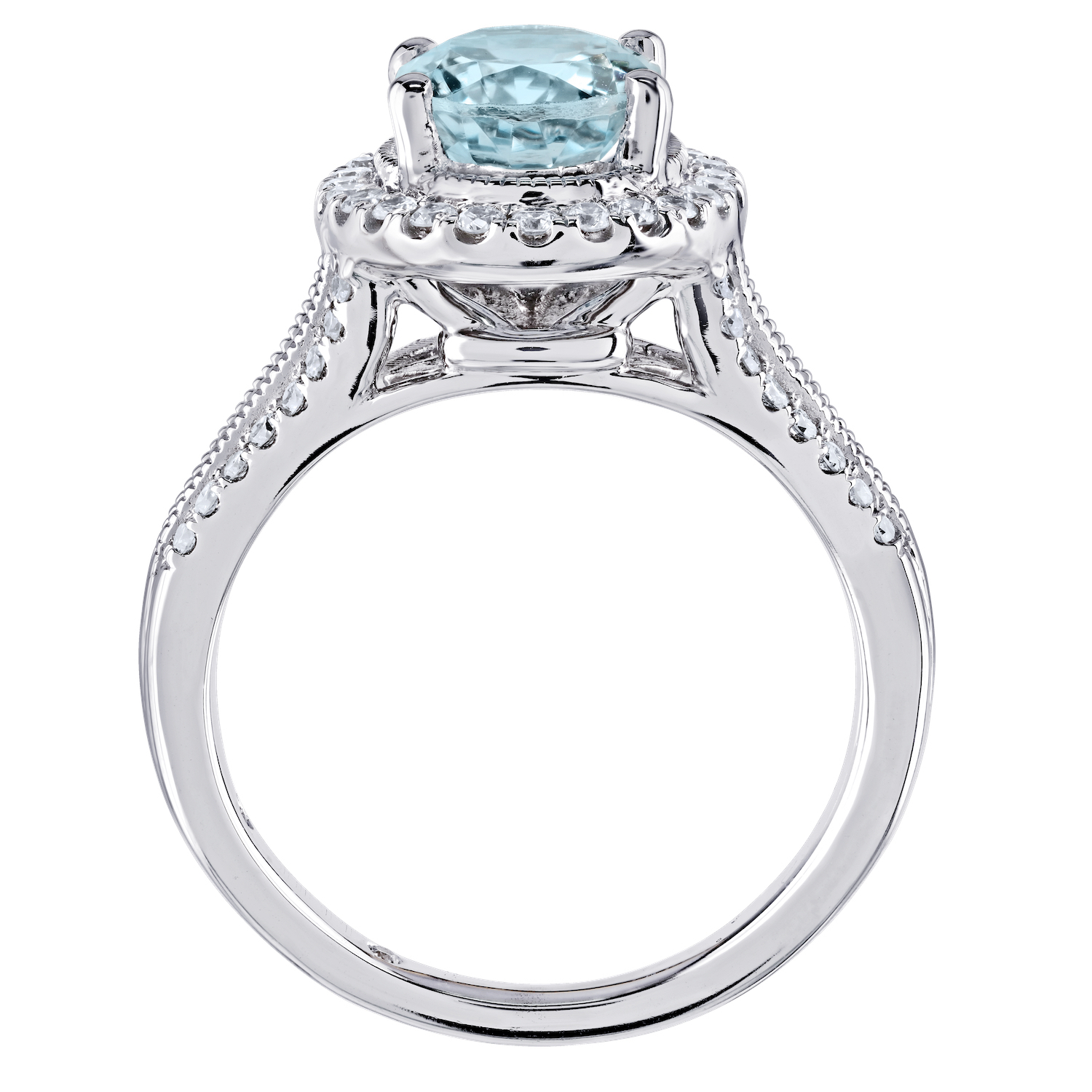 AquaBella&trade; 14K White Gold Oval Halo with Textured Bezel Split Shank Ring 2.24 Ctw Natural Aquamarine
