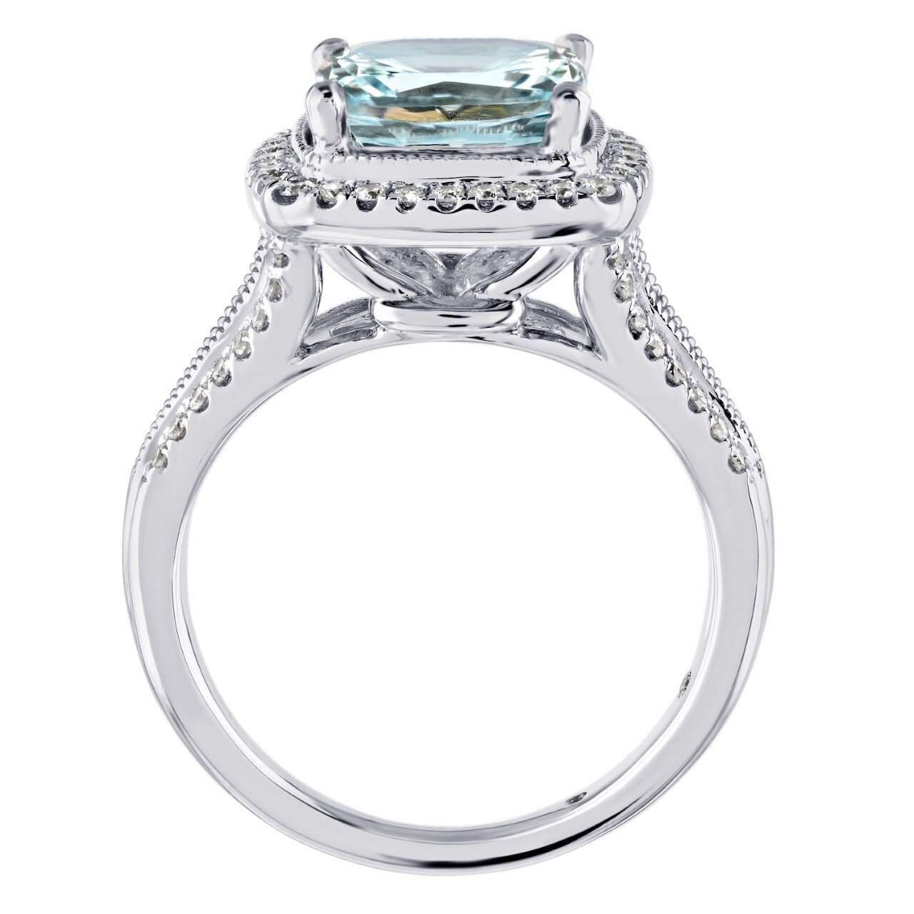 AquaBella&trade; 14K White Gold Cushion Shape Color Halo with Split Shank Ring 2.97 Ctw Natural Aquamarine
