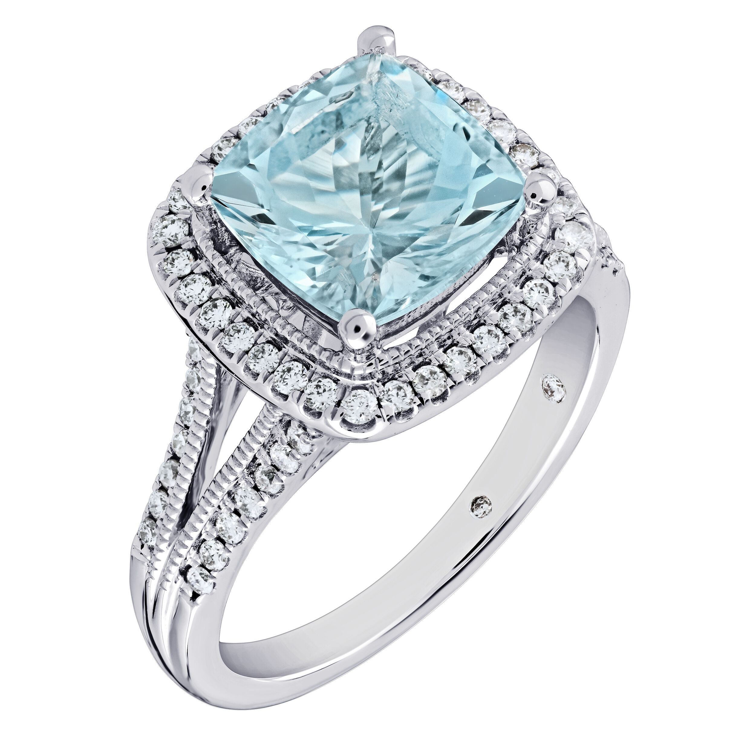 AquaBella&trade; 14K White Gold Cushion Shape Color Halo with Split Shank Ring 2.97 Ctw Natural Aquamarine