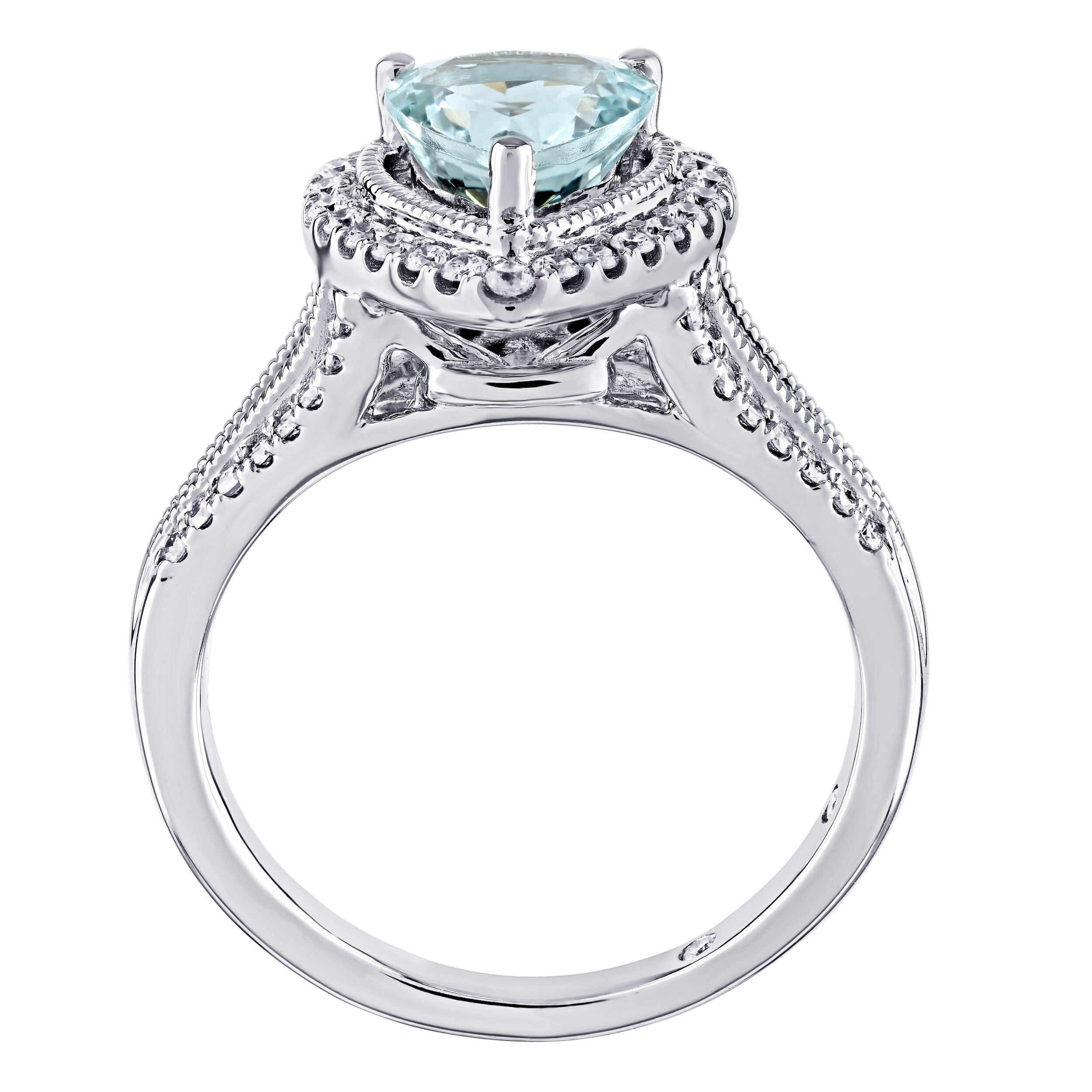 AquaBella&trade; 14K White Gold Pear-Shape Halo with Textured Bezel Split Shank Ring 1.84 Ctw Natural Aquamarine
