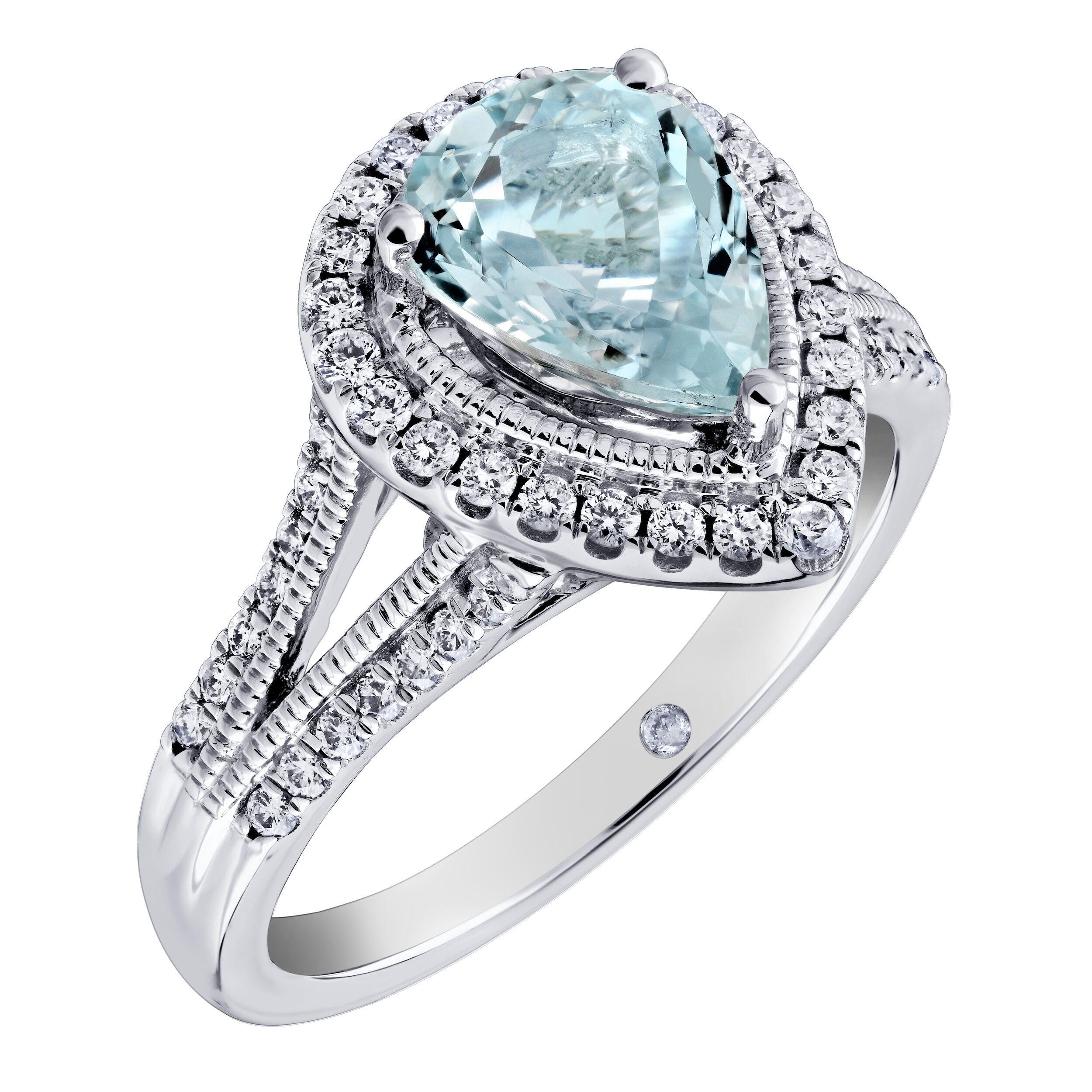 AquaBella&trade; 14K White Gold Pear-Shape Halo with Textured Bezel Split Shank Ring 1.84 Ctw Natural Aquamarine