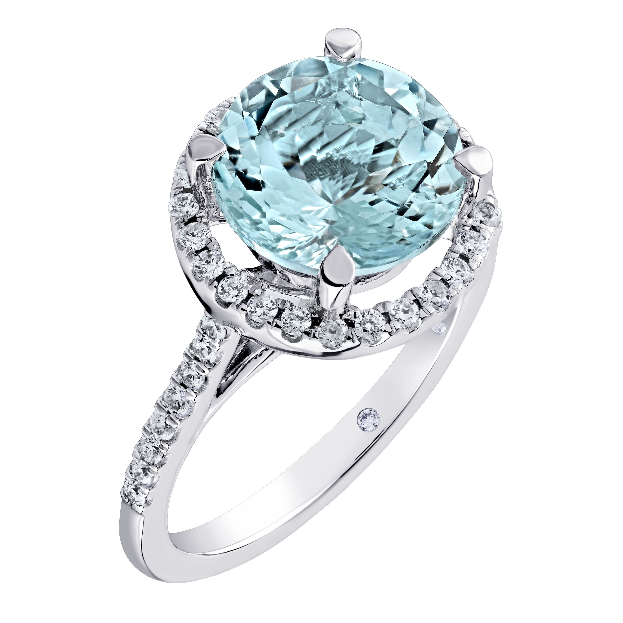 AquaBella&trade; 14K White Gold Round Halo with Pave Shoulders Ring 3.79 Ctw Natural Aquamarine