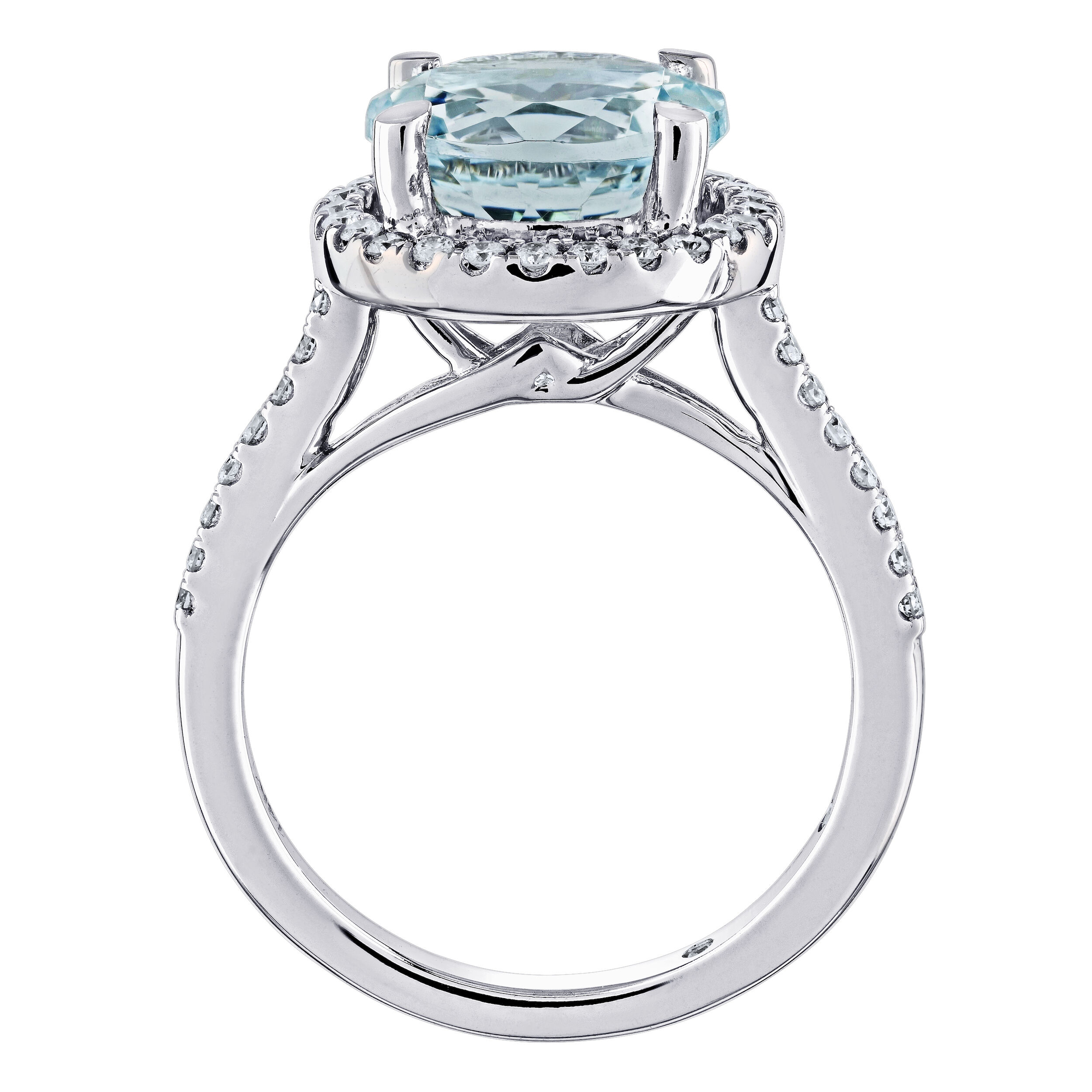 AquaBella&trade; 14K White Gold Round Halo with Pave Shoulders Ring 3.79 Ctw Natural Aquamarine