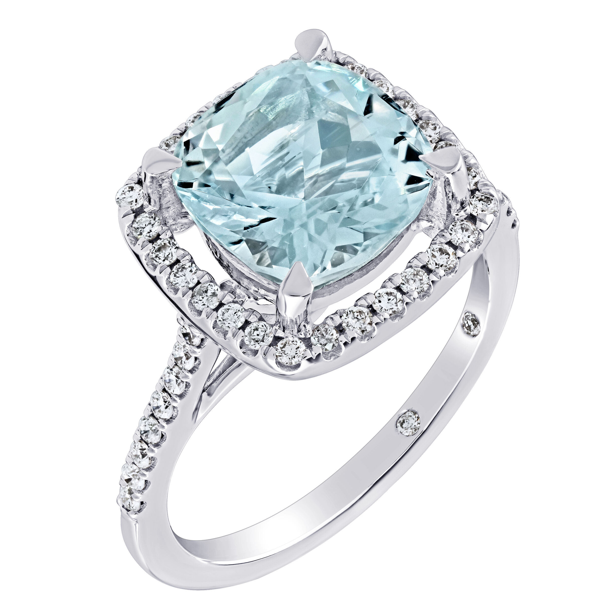AquaBella&trade; 14K White Gold Elongated Cushion Halo with Pave Shoulders Ring 3.59 Ctw Natural Aquamarine