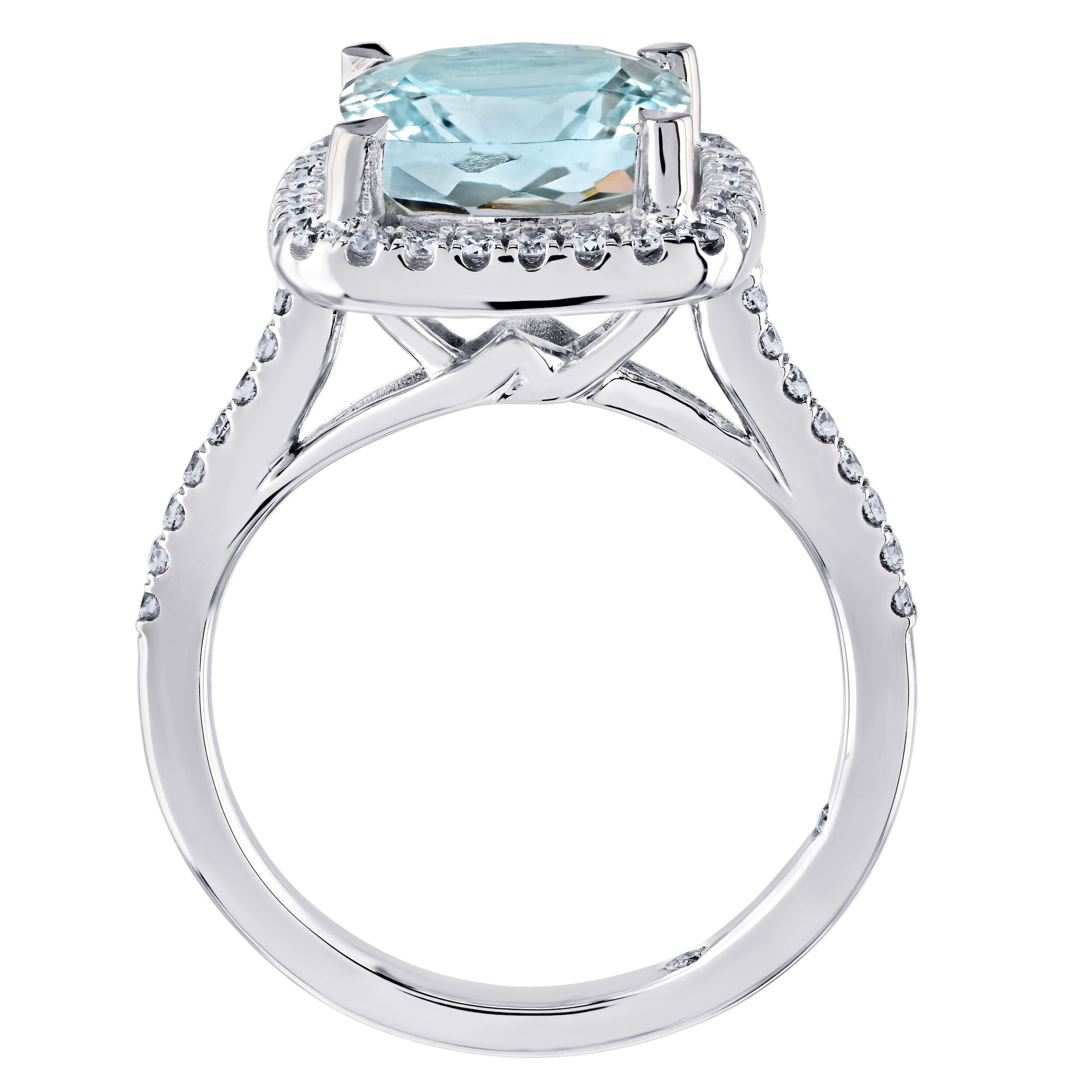 AquaBella&trade; 14K White Gold Elongated Cushion Halo with Pave Shoulders Ring 3.59 Ctw Natural Aquamarine