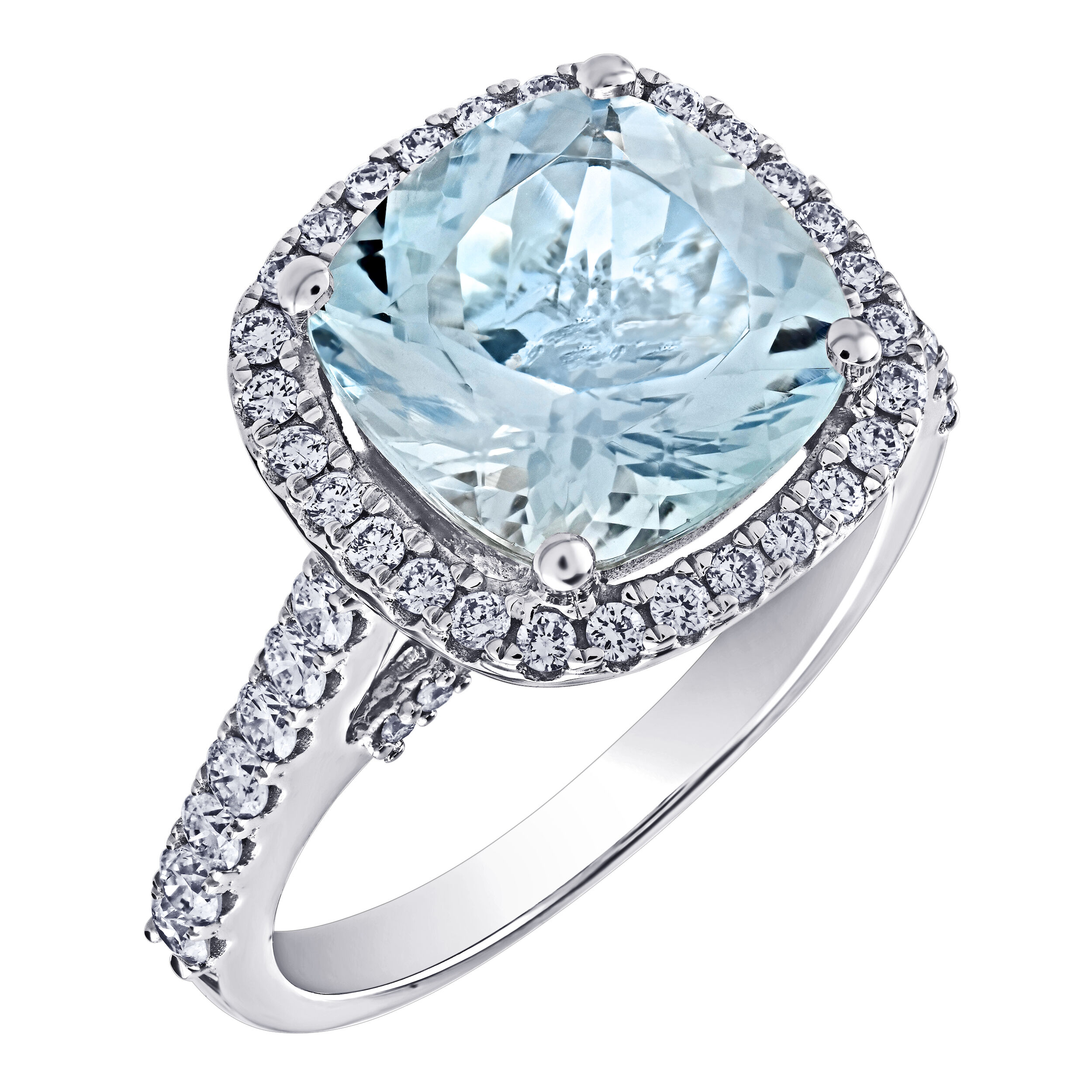 AquaBella&trade; 14K White Gold Cushion Shape Aqua Halo Diamond Shoulders Ring 3.95 Ctw Natural Aquamarine
