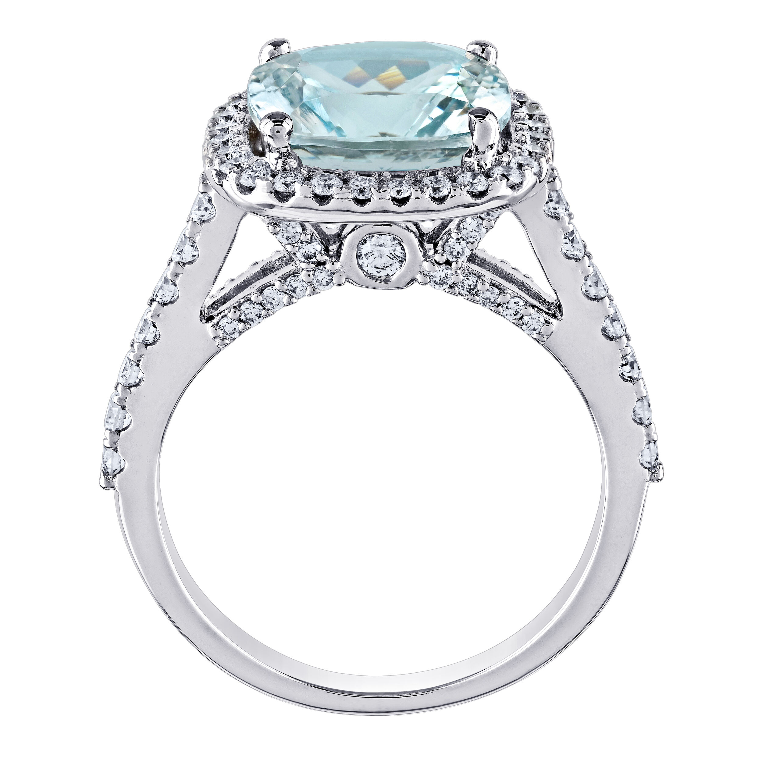 AquaBella&trade; 14K White Gold Cushion Shape Aqua Halo Diamond Shoulders Ring 3.95 Ctw Natural Aquamarine