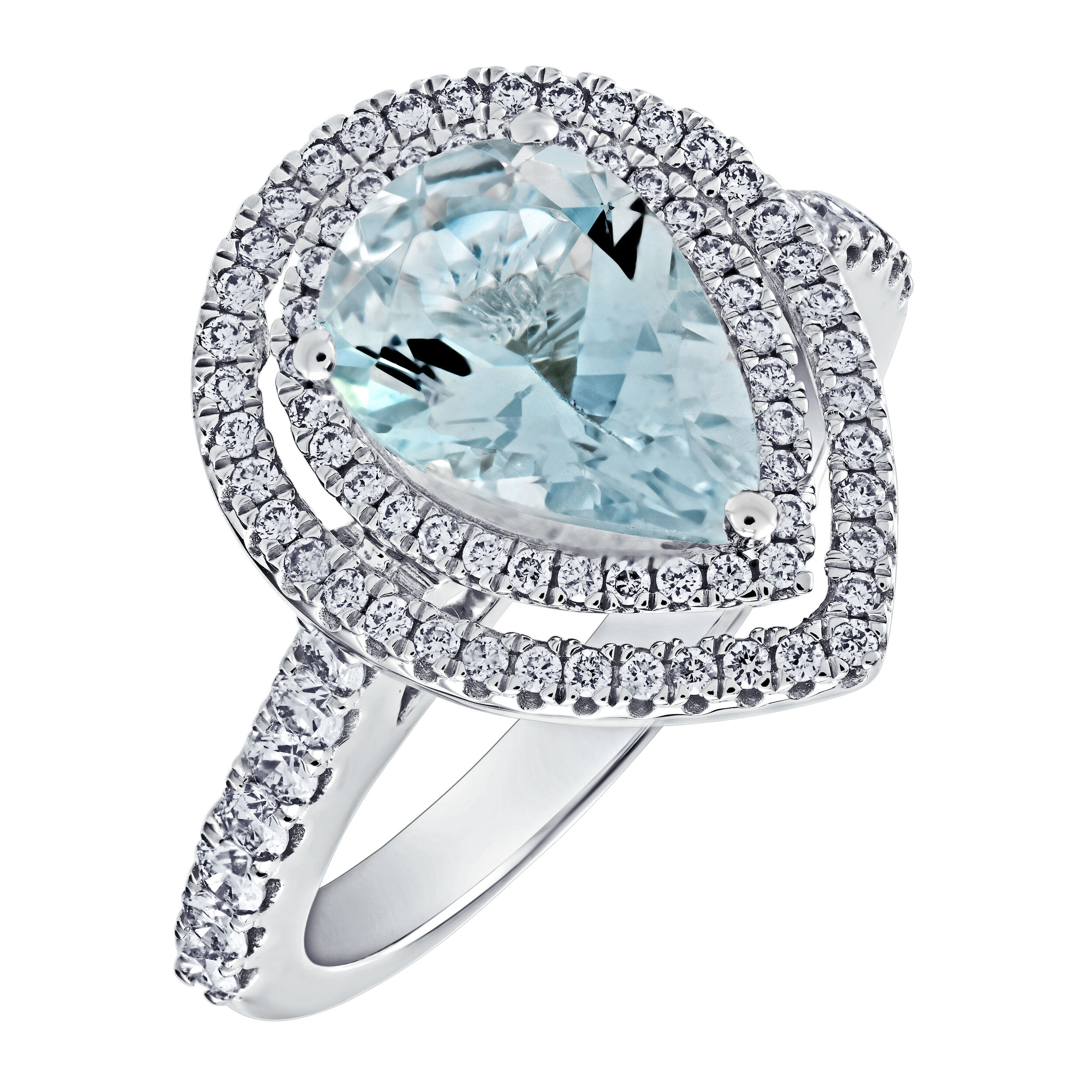 AquaBella&trade; 14K White Gold Pear-Shape Aqua Double Halo Diamond Shoulders Ring 2.32 Ctw Natural Aquamarine