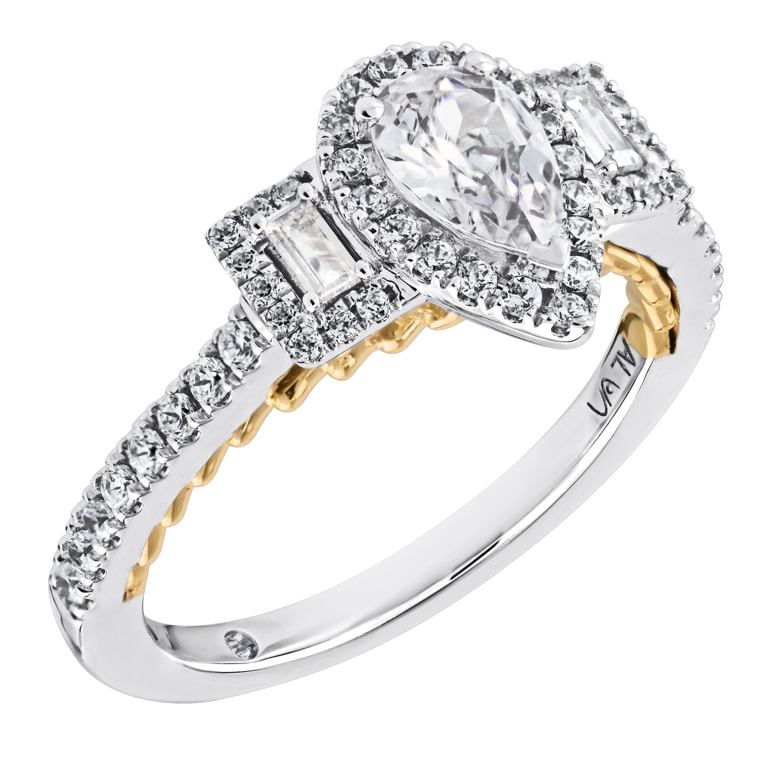 Celestial Love&trade; 14K White Gold Diamond Pear Shape Halo with Baguette Halo Sides 1.71 Ctw