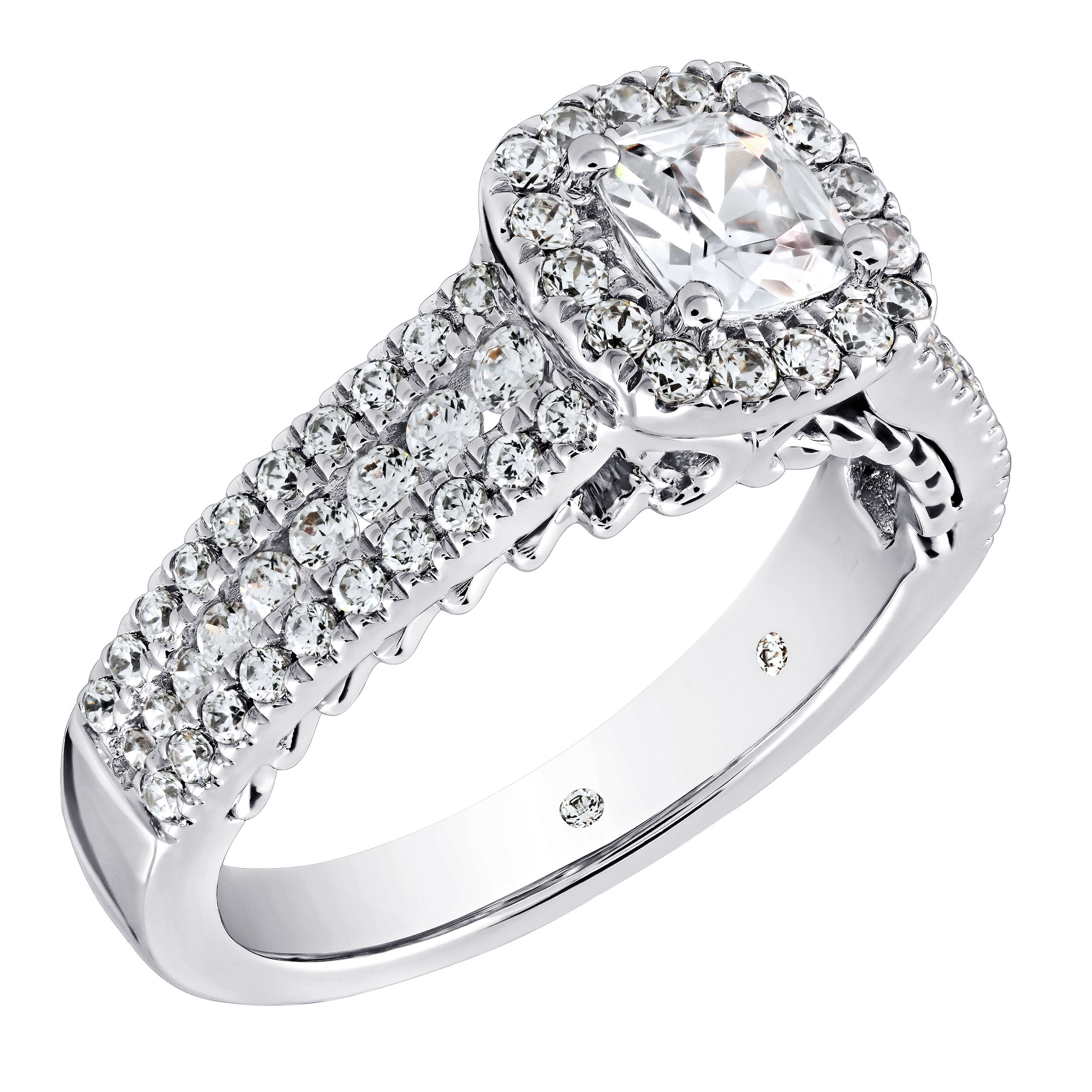 Celestial Love&trade; 14K White Gold Diamond Cushion Halo 3 Row Diamond Set Shank 1.50 Ctw