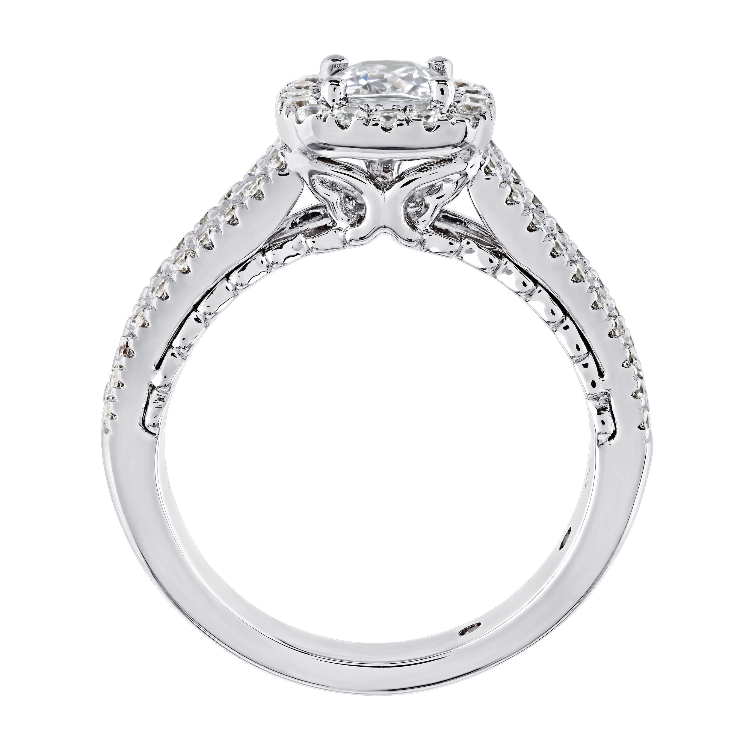 Celestial Love&trade; 14K White Gold Diamond Cushion Halo 3 Row Diamond Set Shank 1.50 Ctw
