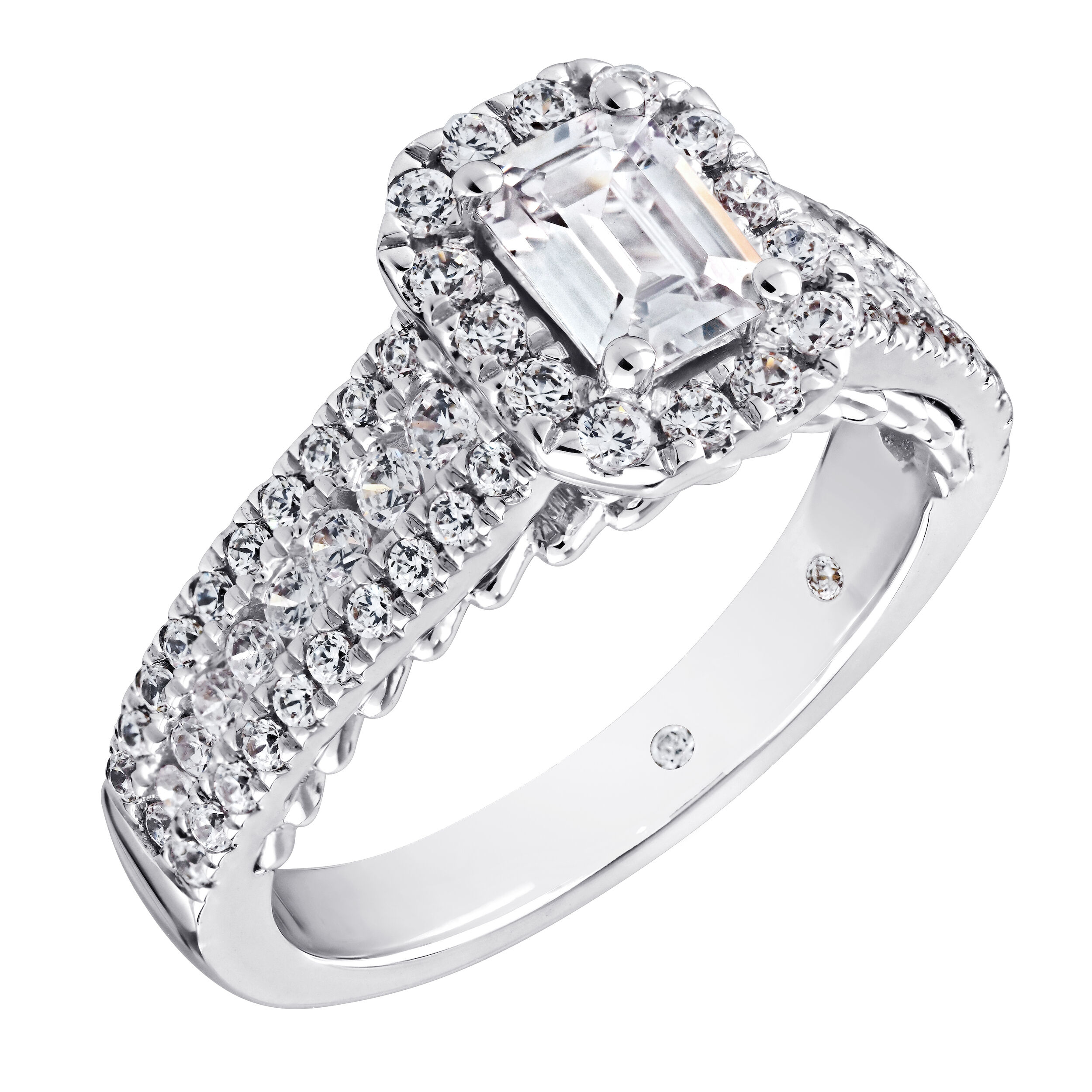 Celestial Love&trade; 14K White Gold Diamond Emerald Halo 3 Row Diamond Set Shank 1.50 Ctw