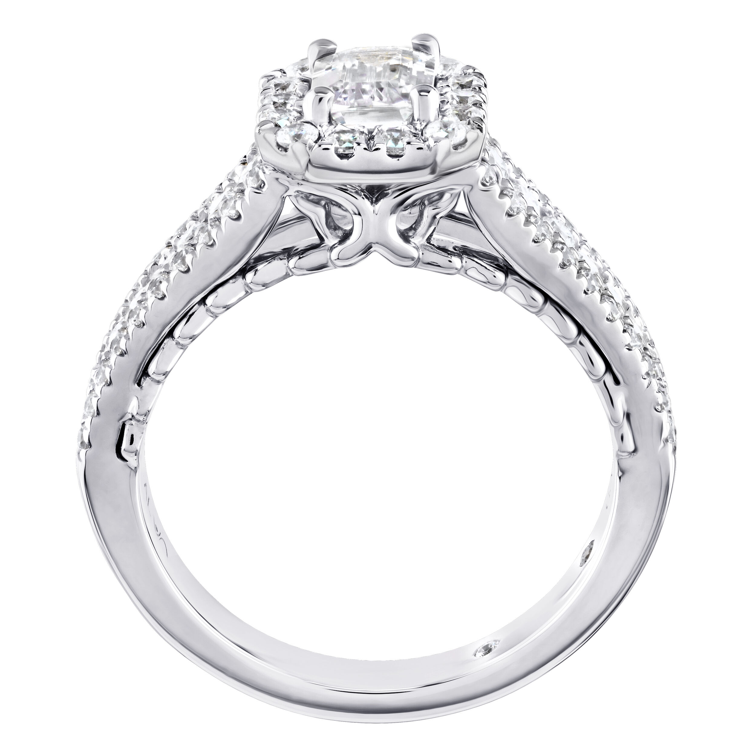 Celestial Love&trade; 14K White Gold Diamond Emerald Halo 3 Row Diamond Set Shank 1.50 Ctw