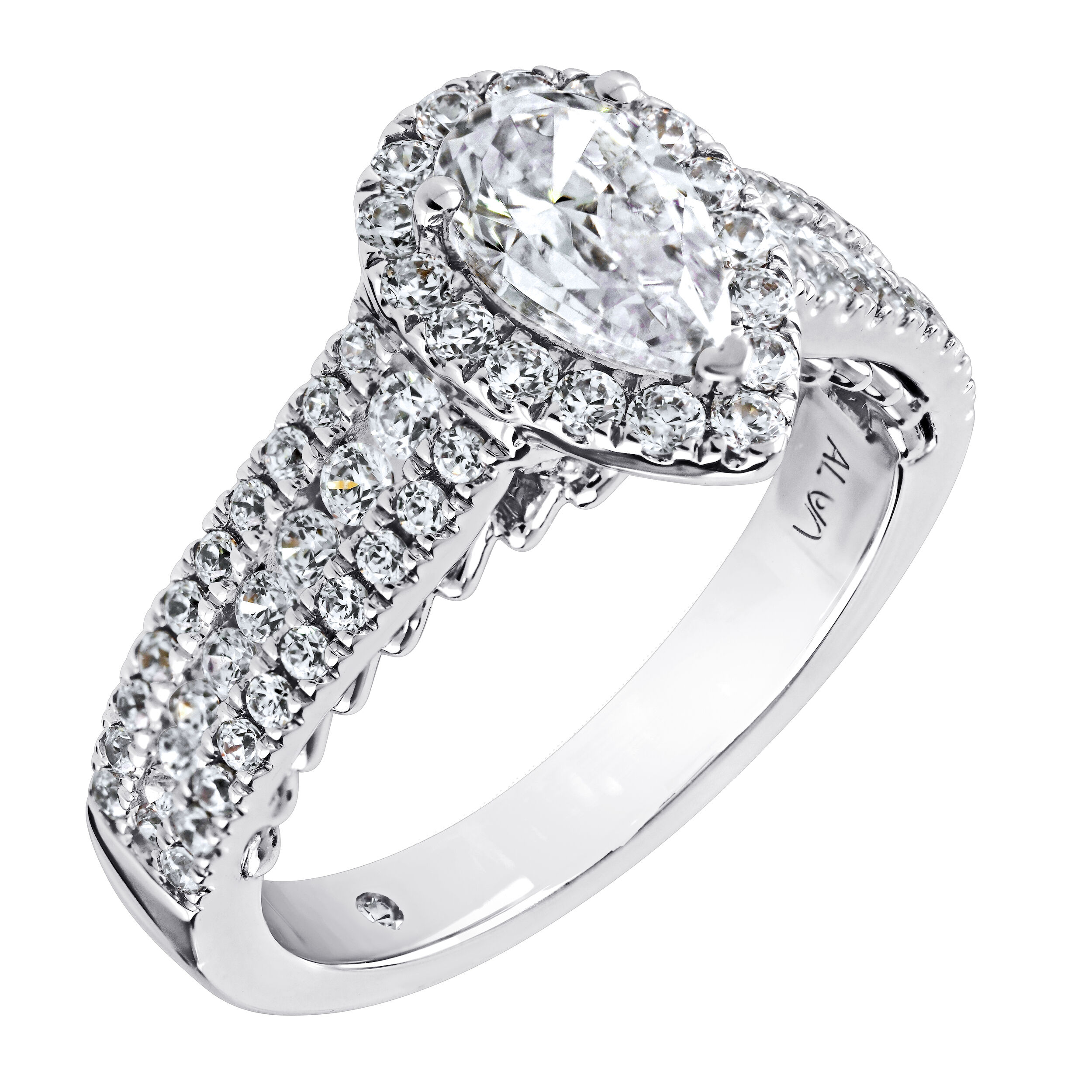 Celestial Love&trade; 14K White Gold Diamond Pear Shape Halo 3 Row Diamond Set Shank 1.50 Ctw