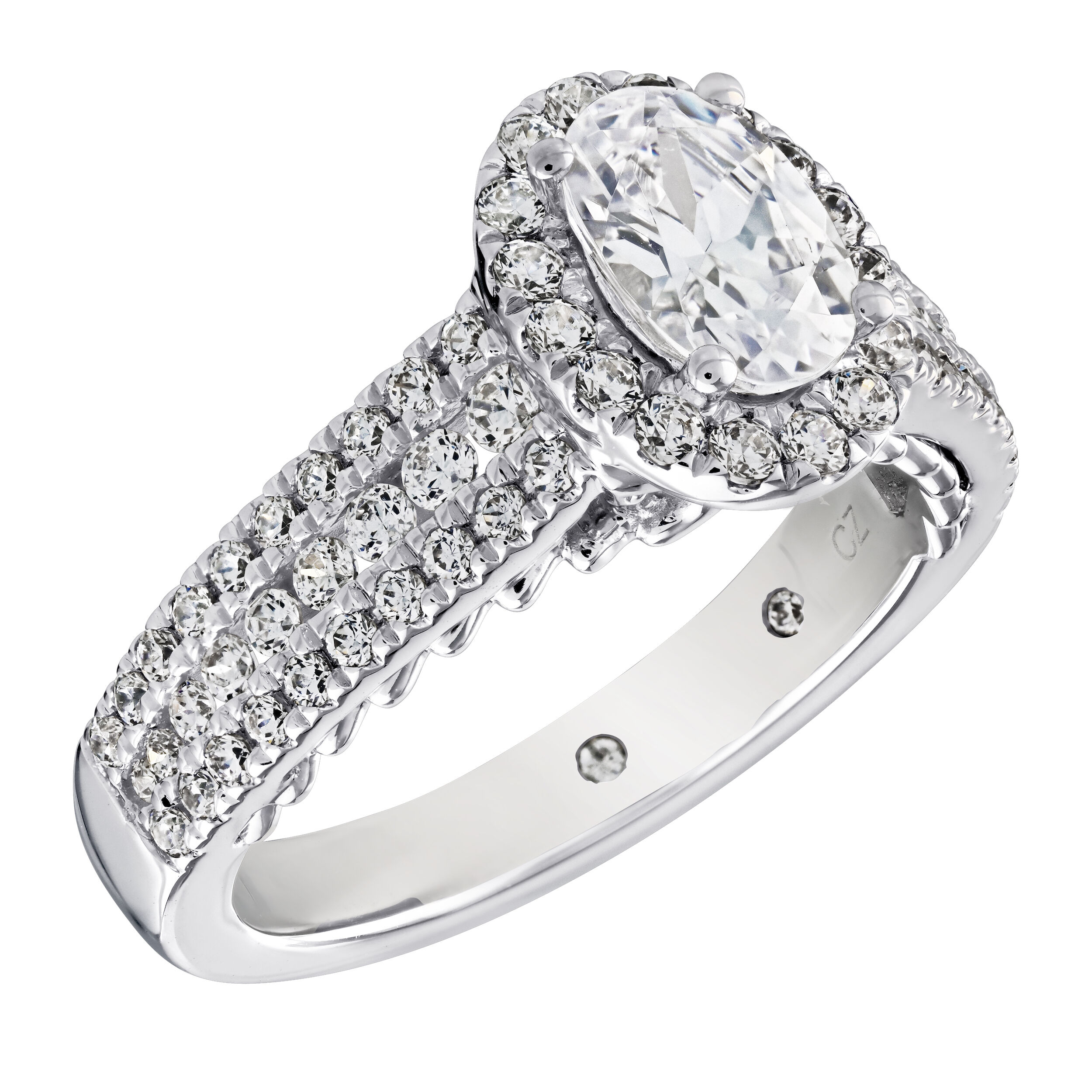 Celestial Love&trade; 14K White Gold Diamond Oval Halo 3 Row Diamond Set Shank 1.50 Ctw