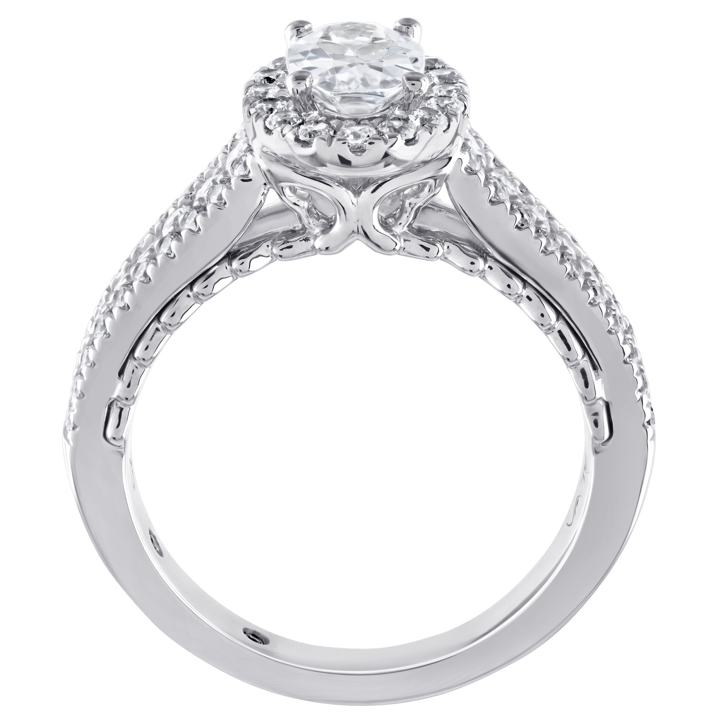 Celestial Love&trade; 14K White Gold Diamond Oval Halo 3 Row Diamond Set Shank 1.50 Ctw