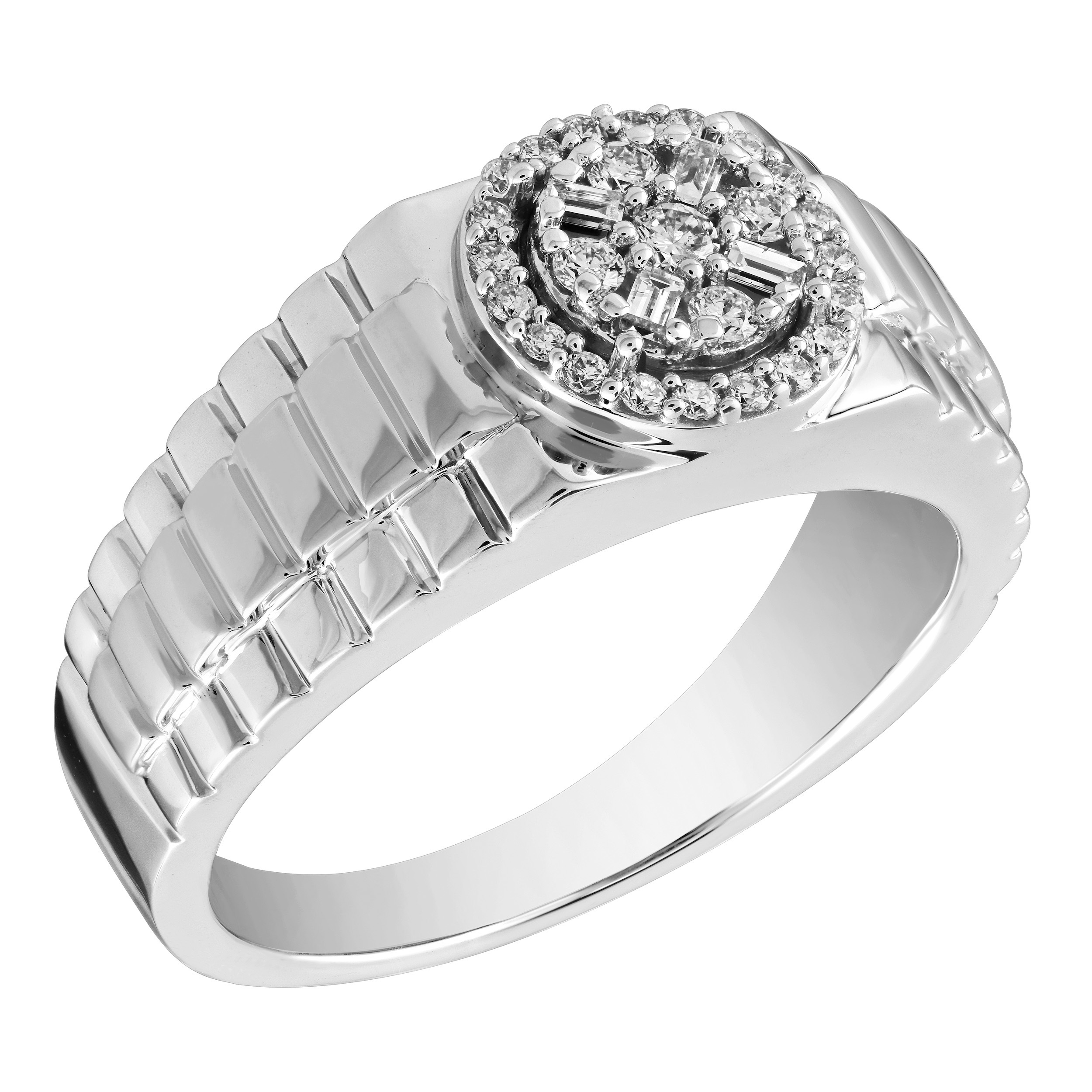 Shefian&trade; 14K White Gold Ring Cluster Head Baguette & Round Prong Set Bezel Diamond 0.35 Ctw