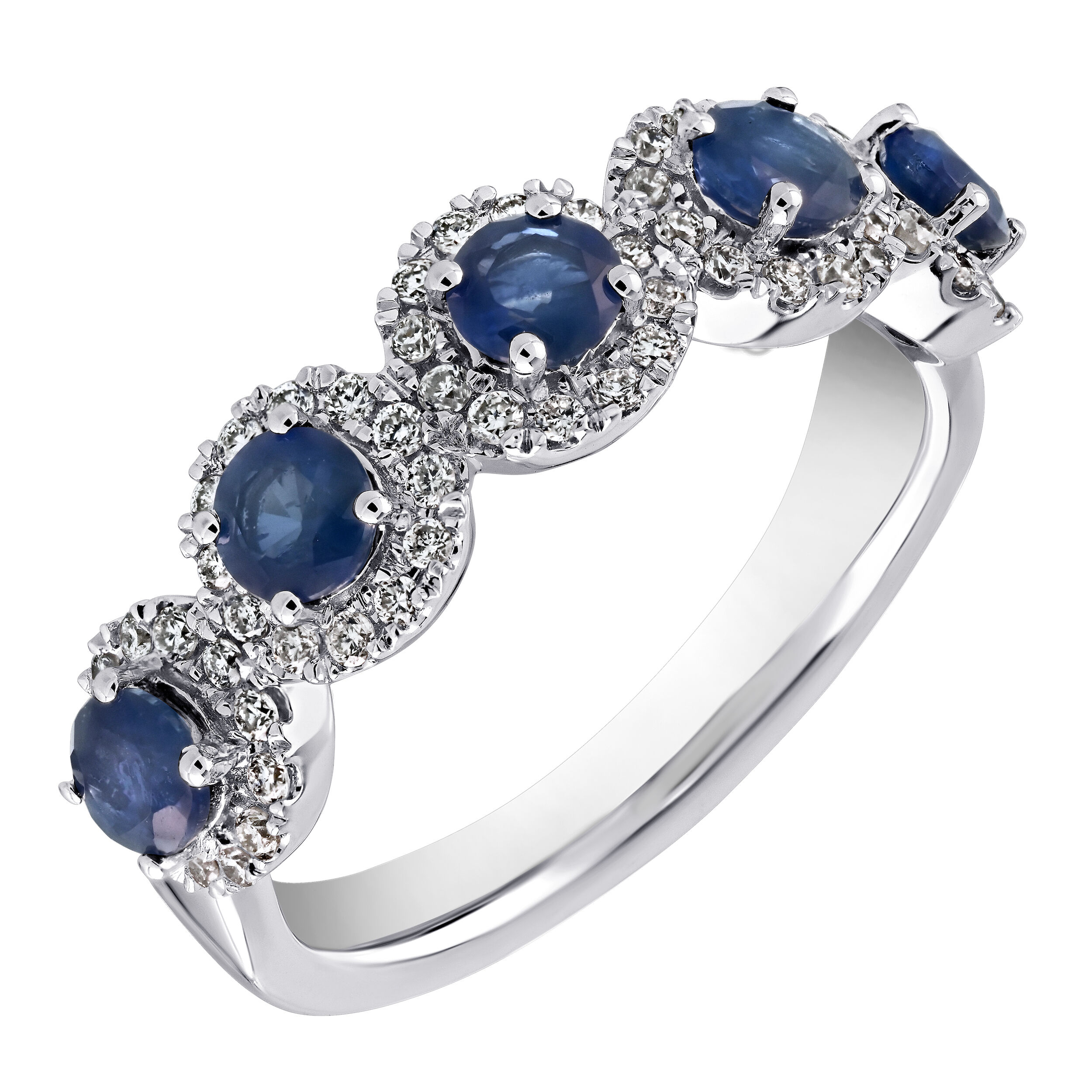 Majestic Gems&trade; 14k White Gold 5 Station Round Halo's Blue Sapphire & Diamond 1.30 Ctw