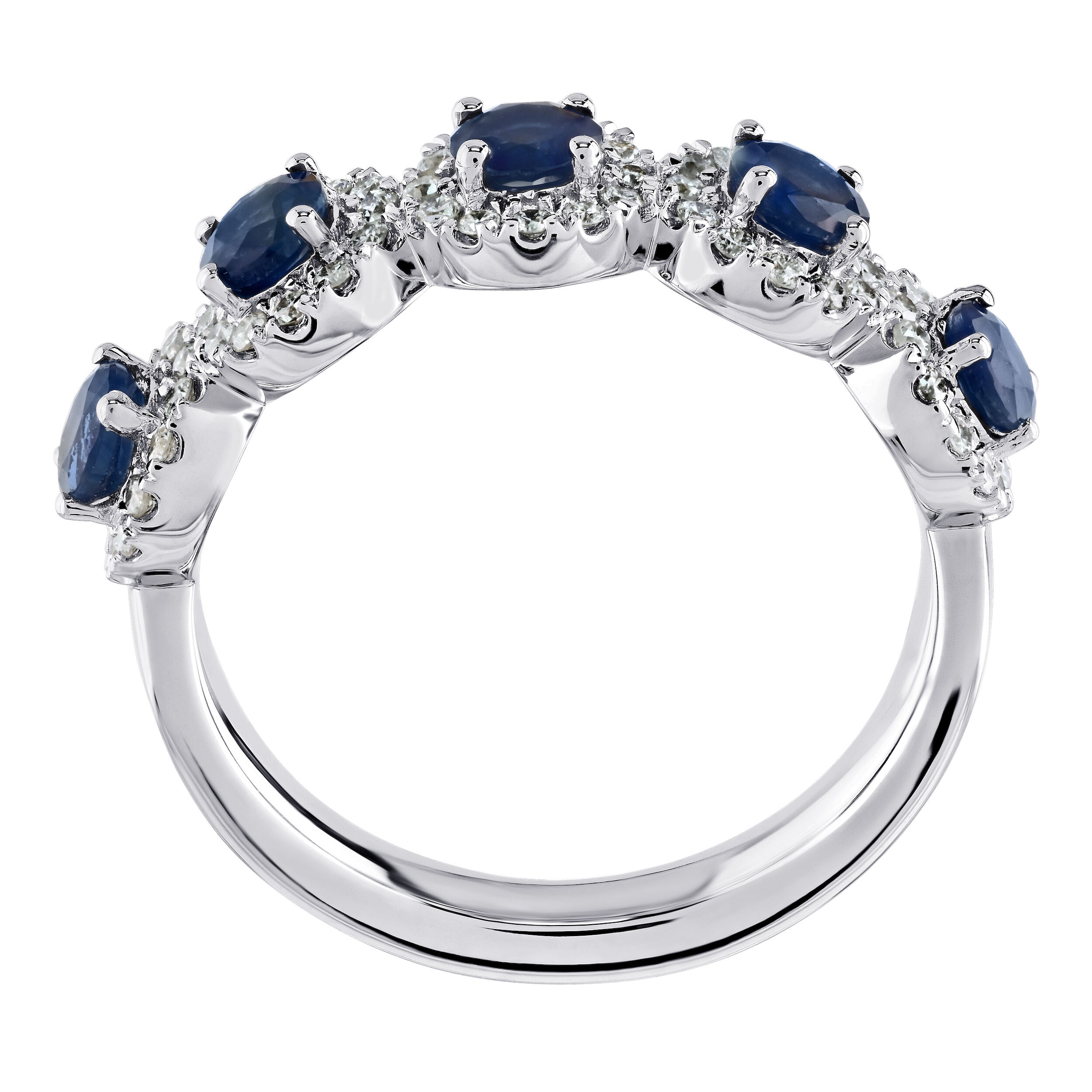 Majestic Gems&trade; 14k White Gold 5 Station Round Halo's Blue Sapphire & Diamond 1.30 Ctw