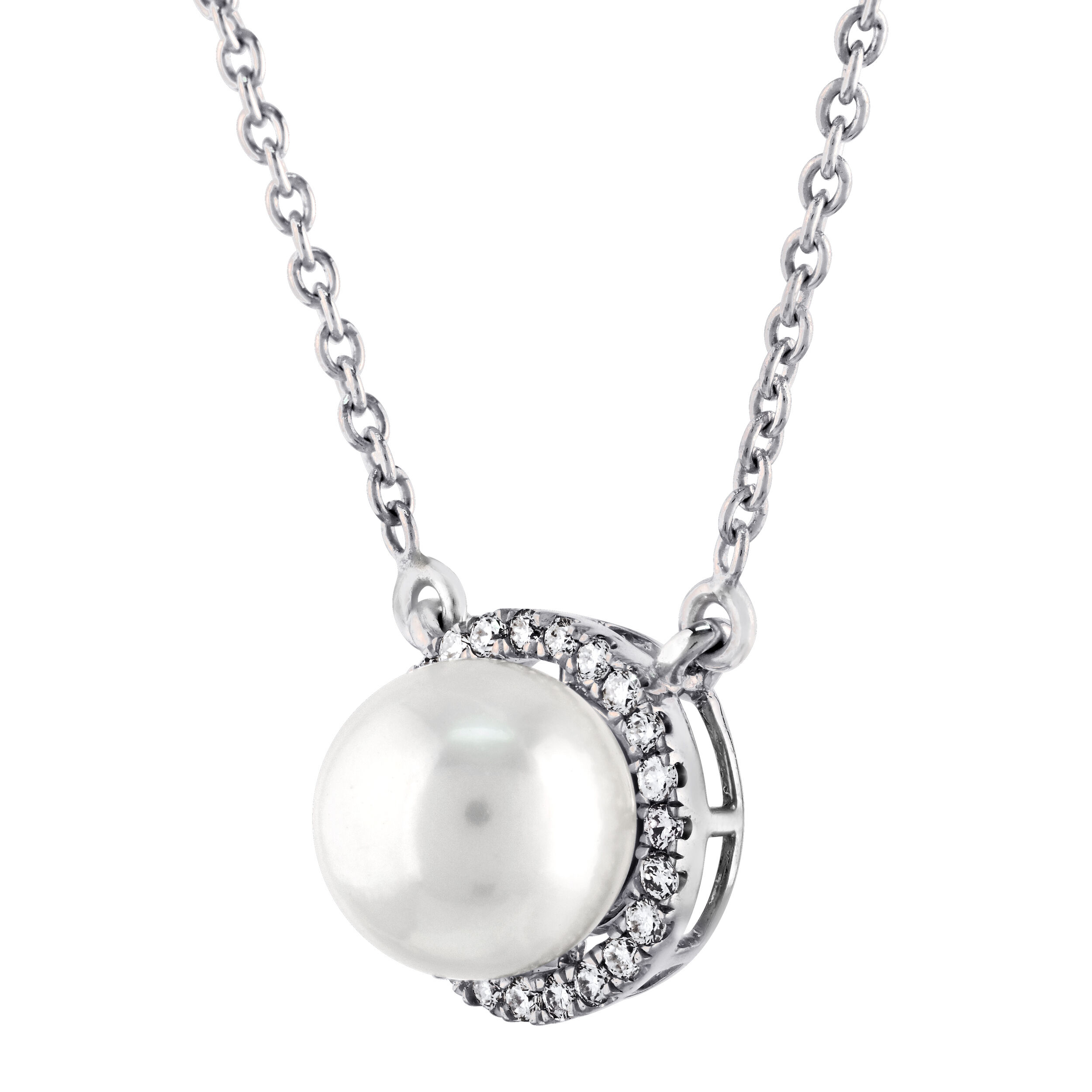 Majestic Gems&trade; 14k White Gold Pearl & Diamond Halo Hidden Bail 7MM Pearl 22 Rd. Pearl & Diamond 2.36 Ctw