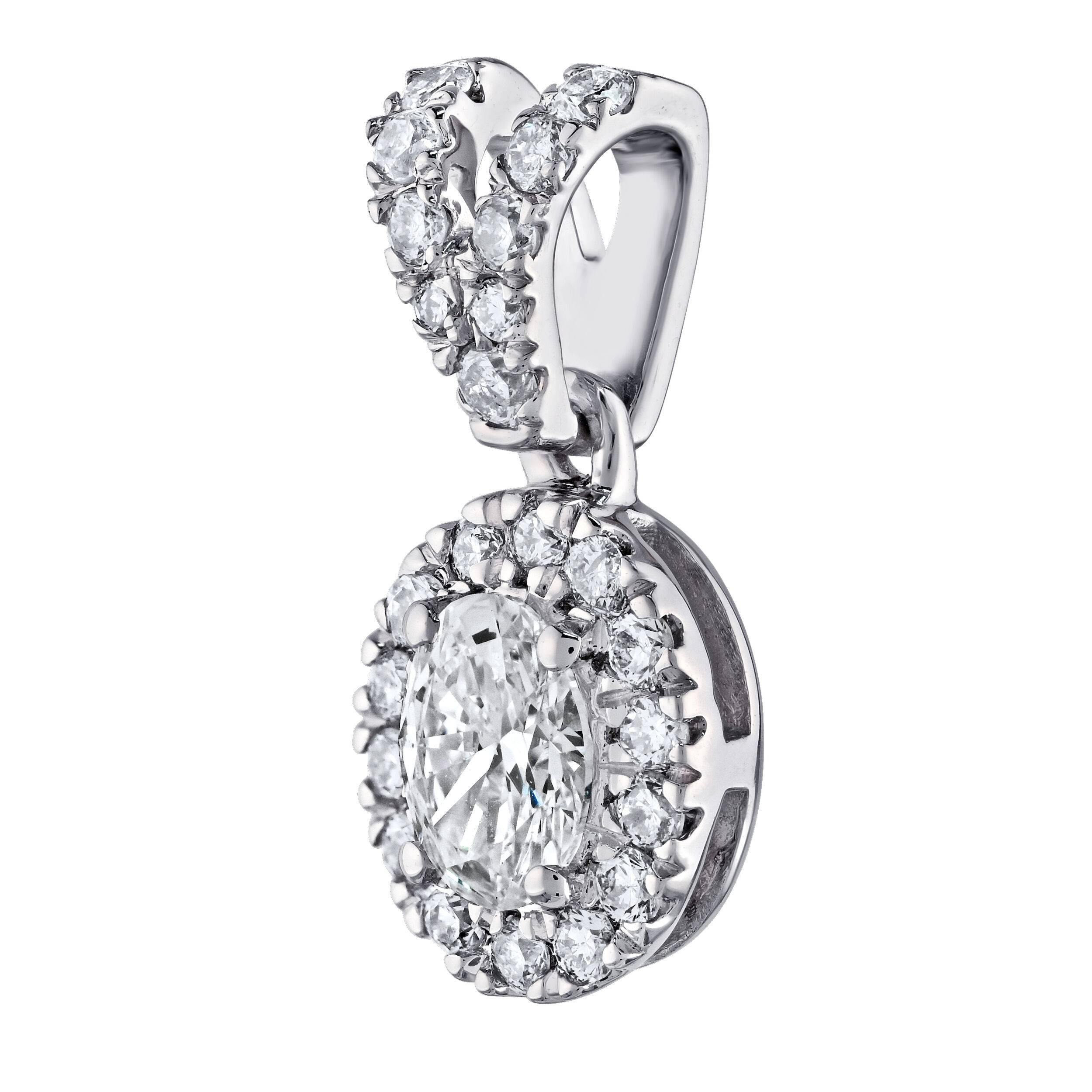 14K White Gold Oval Halo Diamond Pave Set Bail Pendant Diamond 0.32 Ctw
