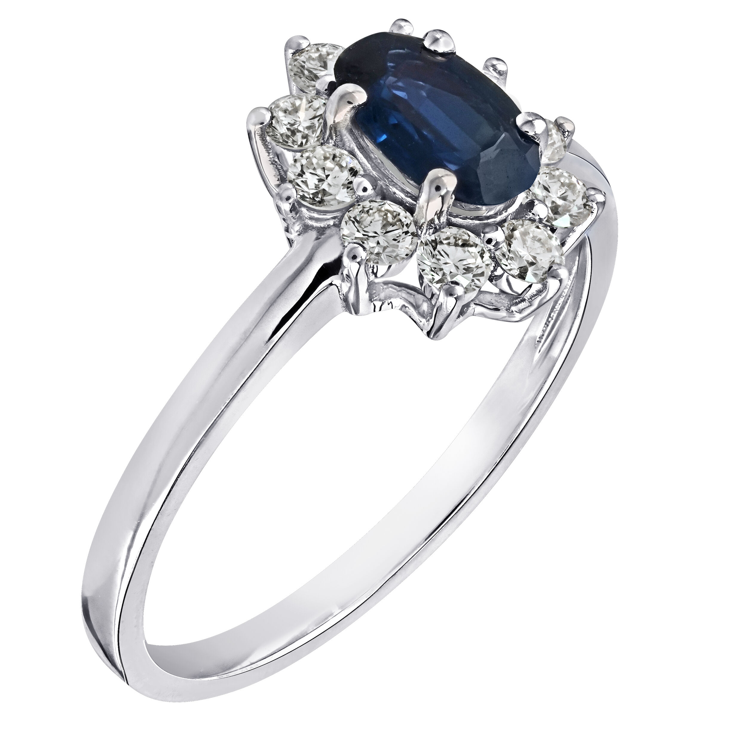 Majestic Gems&trade; 10k White Gold Oval Color Stone Center Halo Blue Sapphire & Diamond 0.95 Ctw