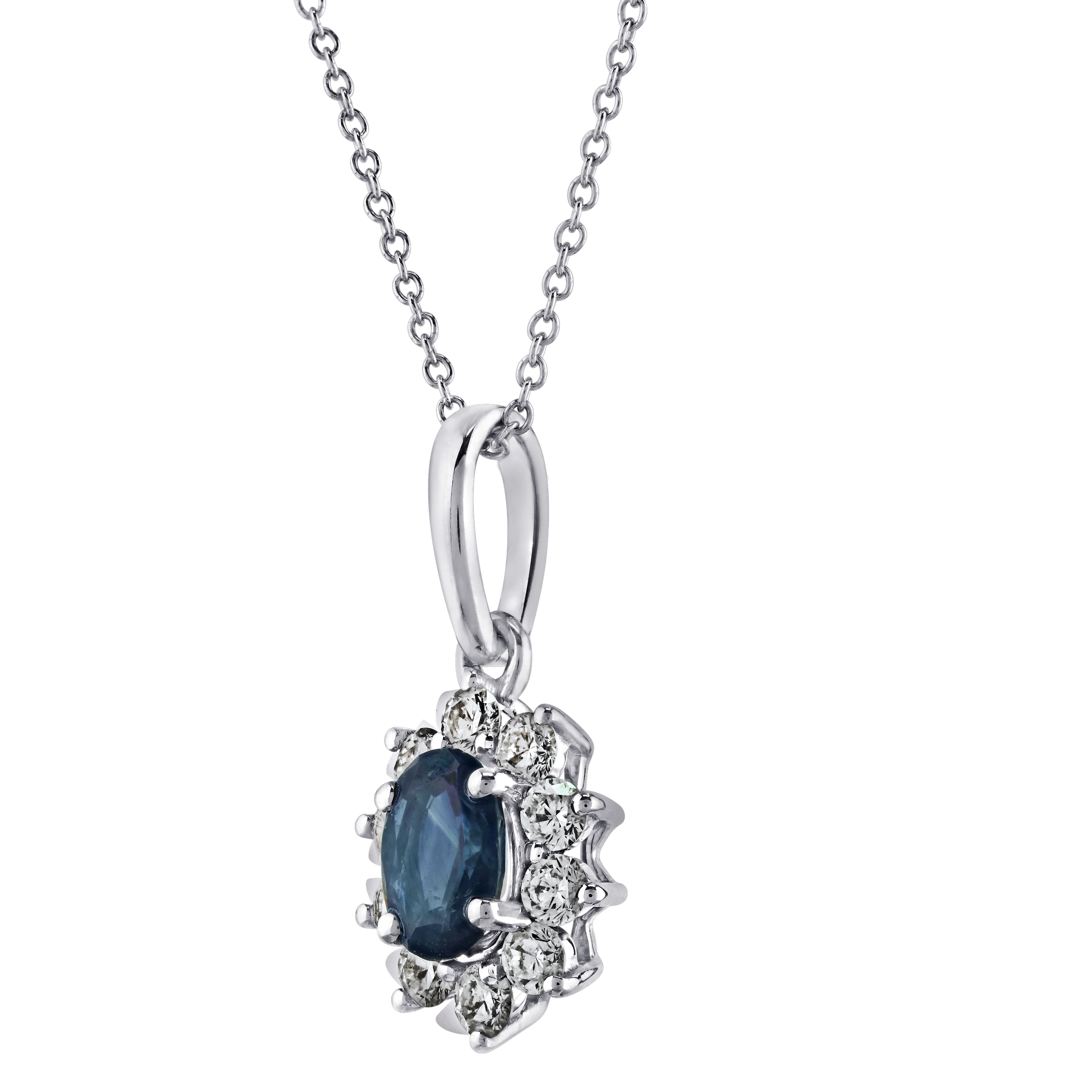 Majestic Gems&trade; 10k White Gold Oval Color Stone Halo Pendant Blue Sapphire & Diamond 0.95 Ctw