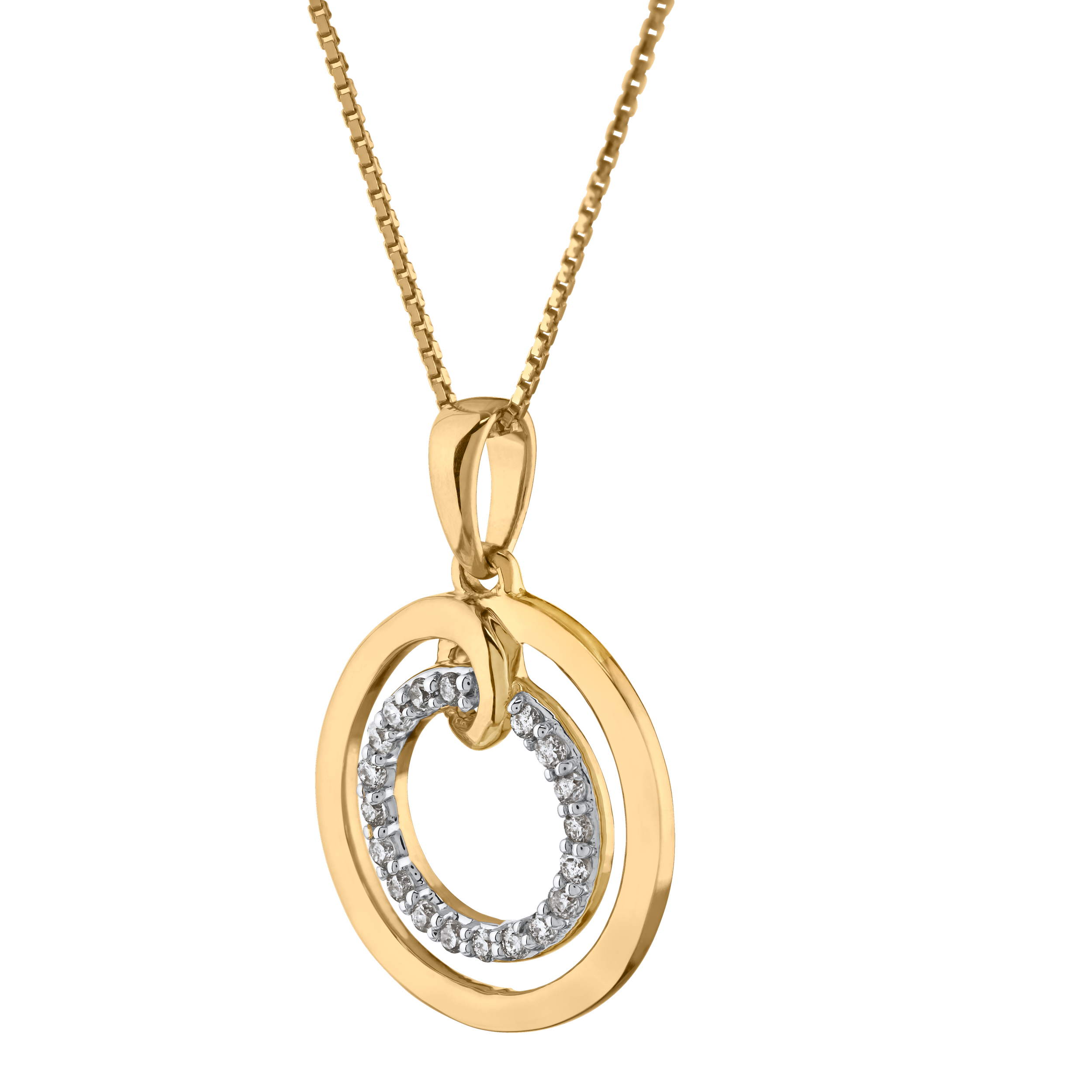 10K Yellow Gold Round Circles One Polished, One Pave Pendant Diamond 0.10 Ctw