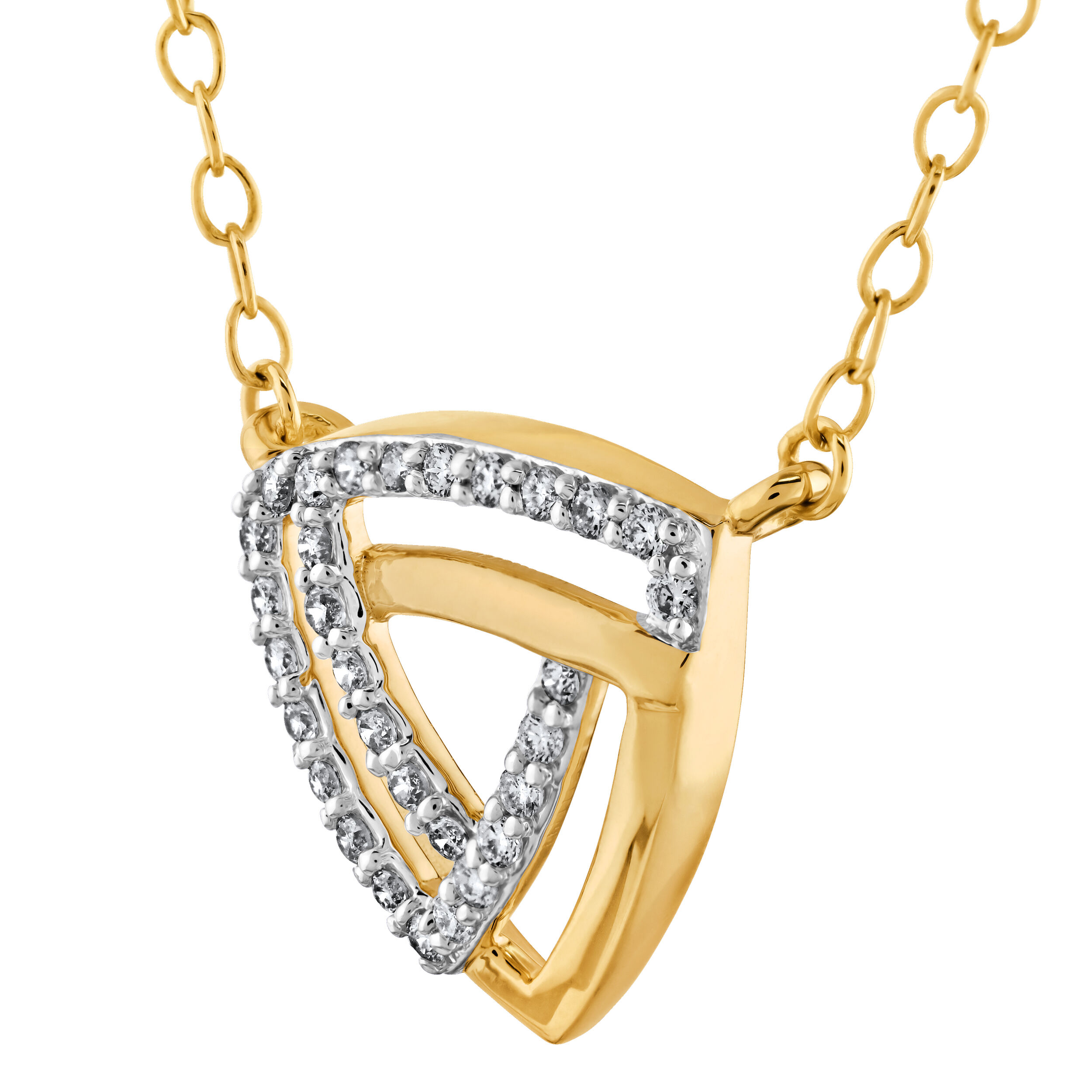 14K Yellow Gold Upside Down Triangle Intertwined Necklace Diamond 0.15 Ctw