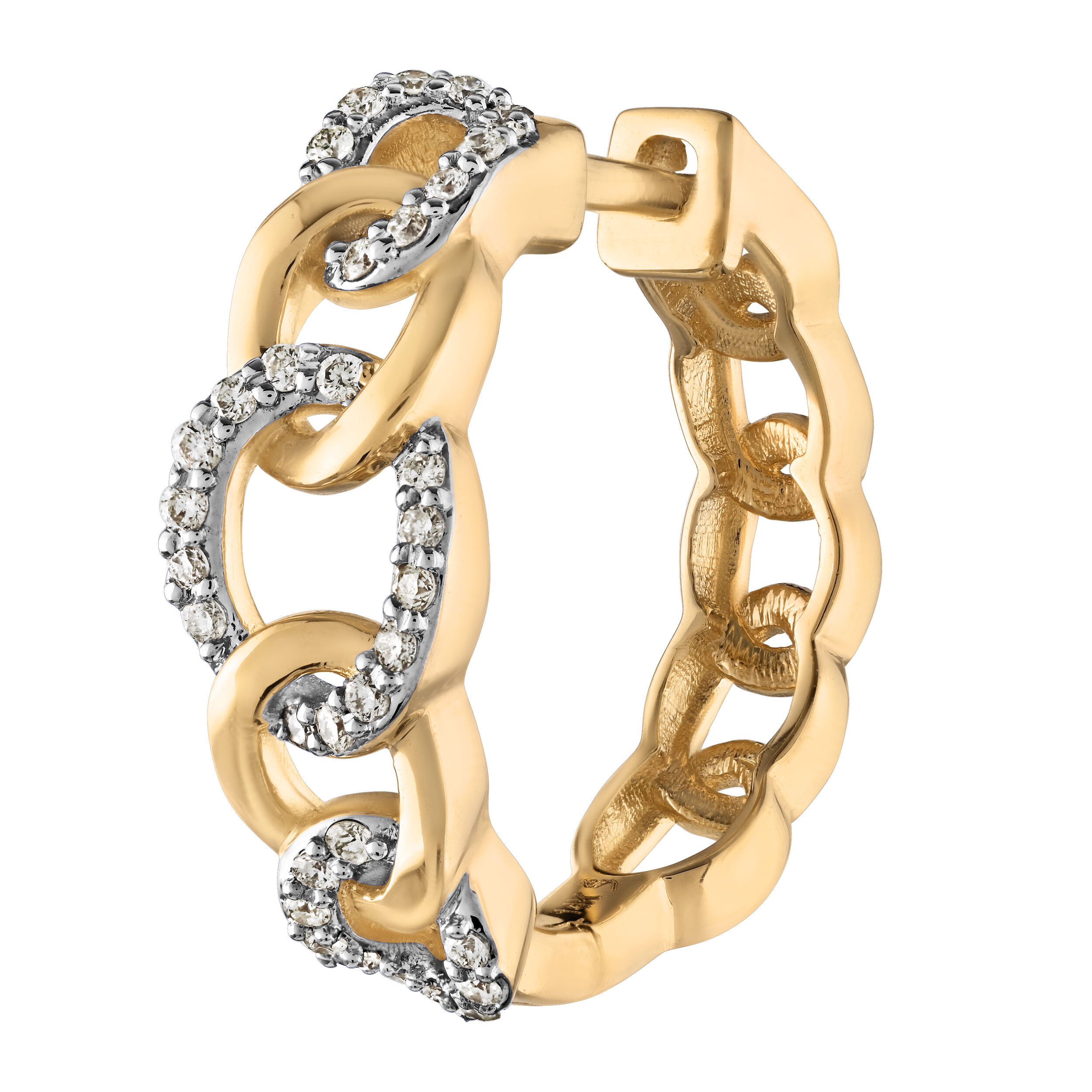 14K Yellow Gold Chain Link Hoops Alternating Pave & Polished Earrings Diamond 0.34 Ctw