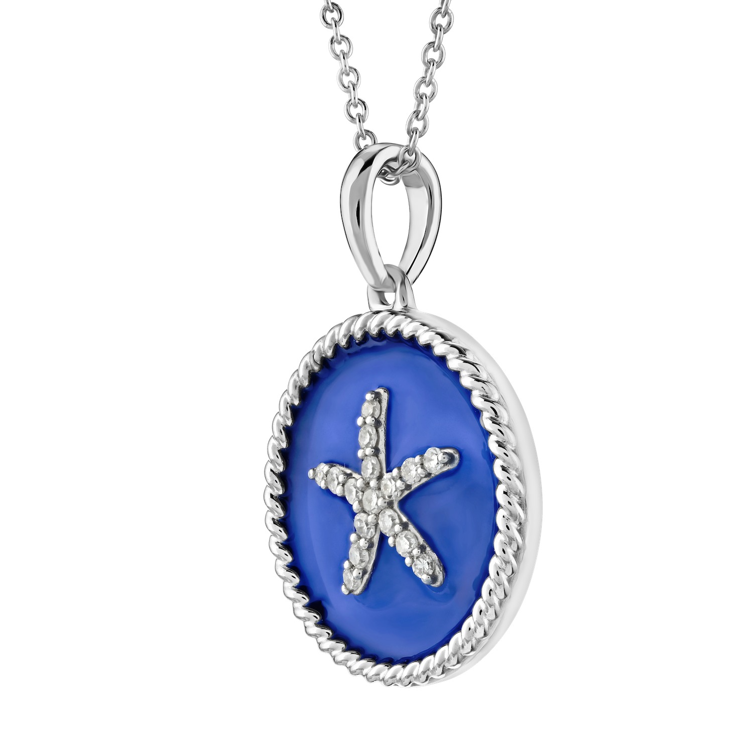 Oceanity&trade; Sterling Silver Pendant Round Enamel with Pave Starfish Center Twisted Wire Frame Diamond ROYAL BLUE 0.10 Ctw