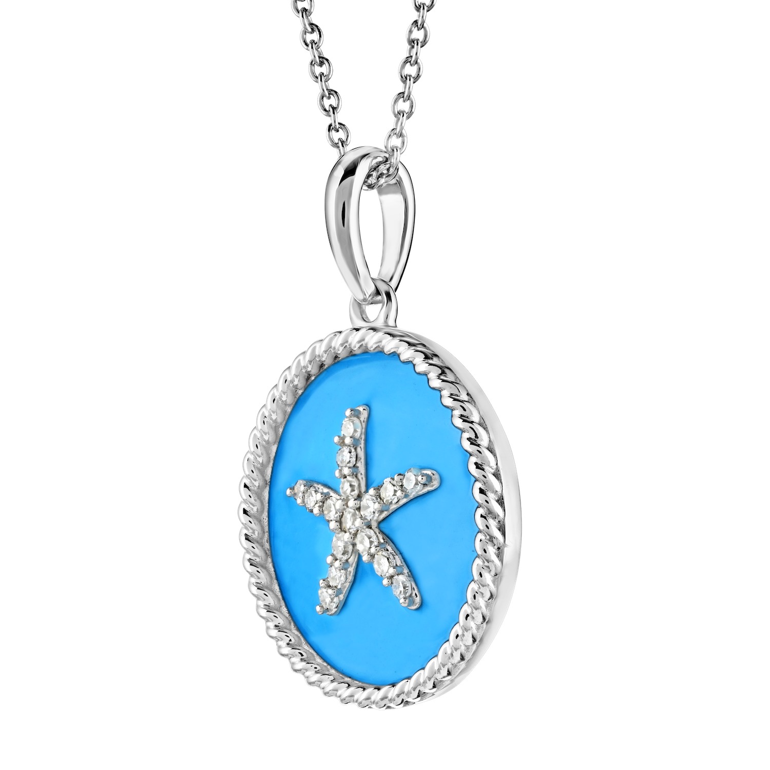Oceanity&trade; Sterling Silver Pendant Round Enamel with Pave Starfish Center Twisted Wire Frame Diamond LIGHT BLUE 0.10 Ctw