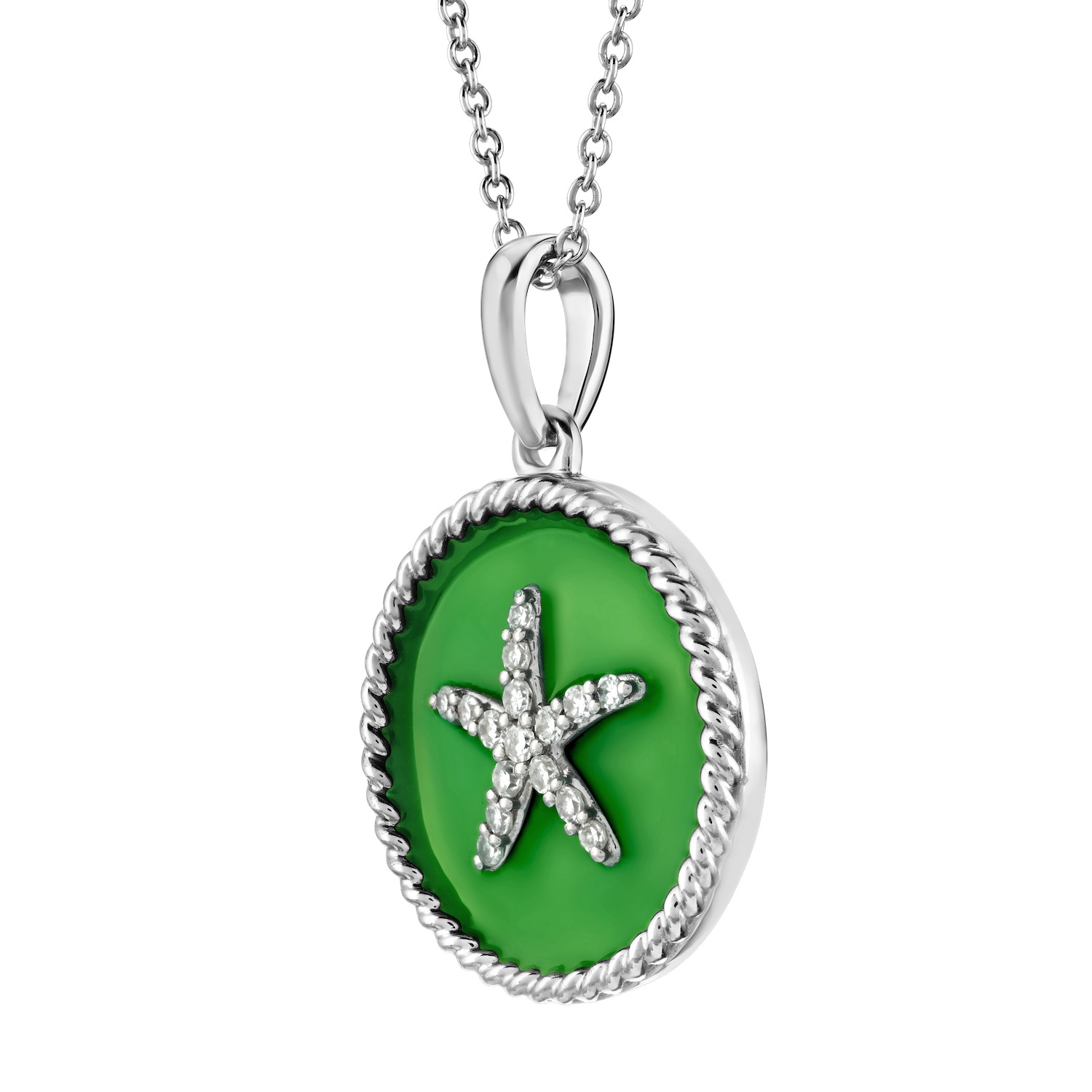 Oceanity&trade; Sterling Silver Pendant Round Enamel with Pave Starfish Center Twisted Wire Frame Diamond BRIGHT GREEN 0.10 Ctw