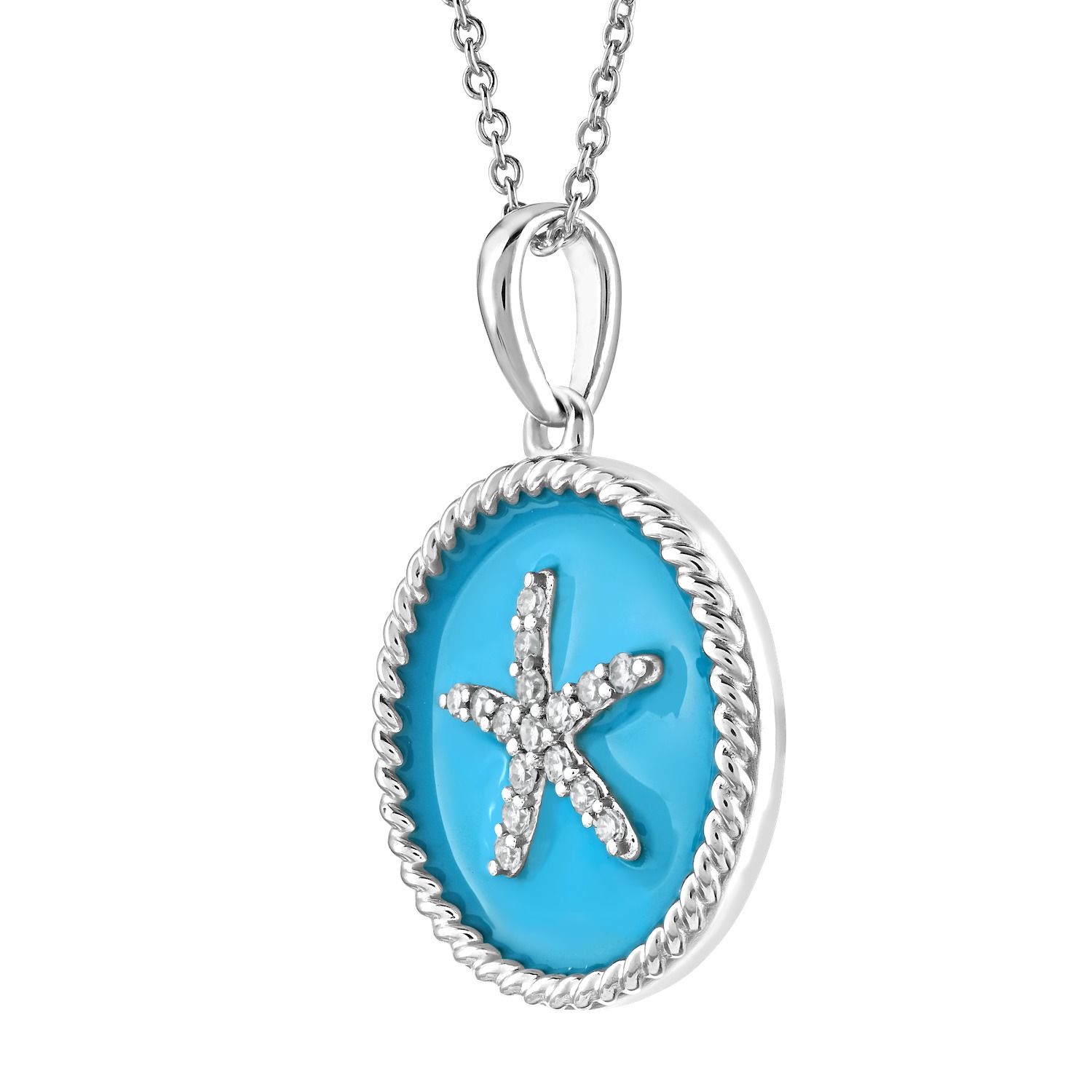 Oceanity&trade; Sterling Silver Pendant Round Enamel with Pave Starfish Center Twisted Wire Frame Diamond AQUA 0.10 Ctw
