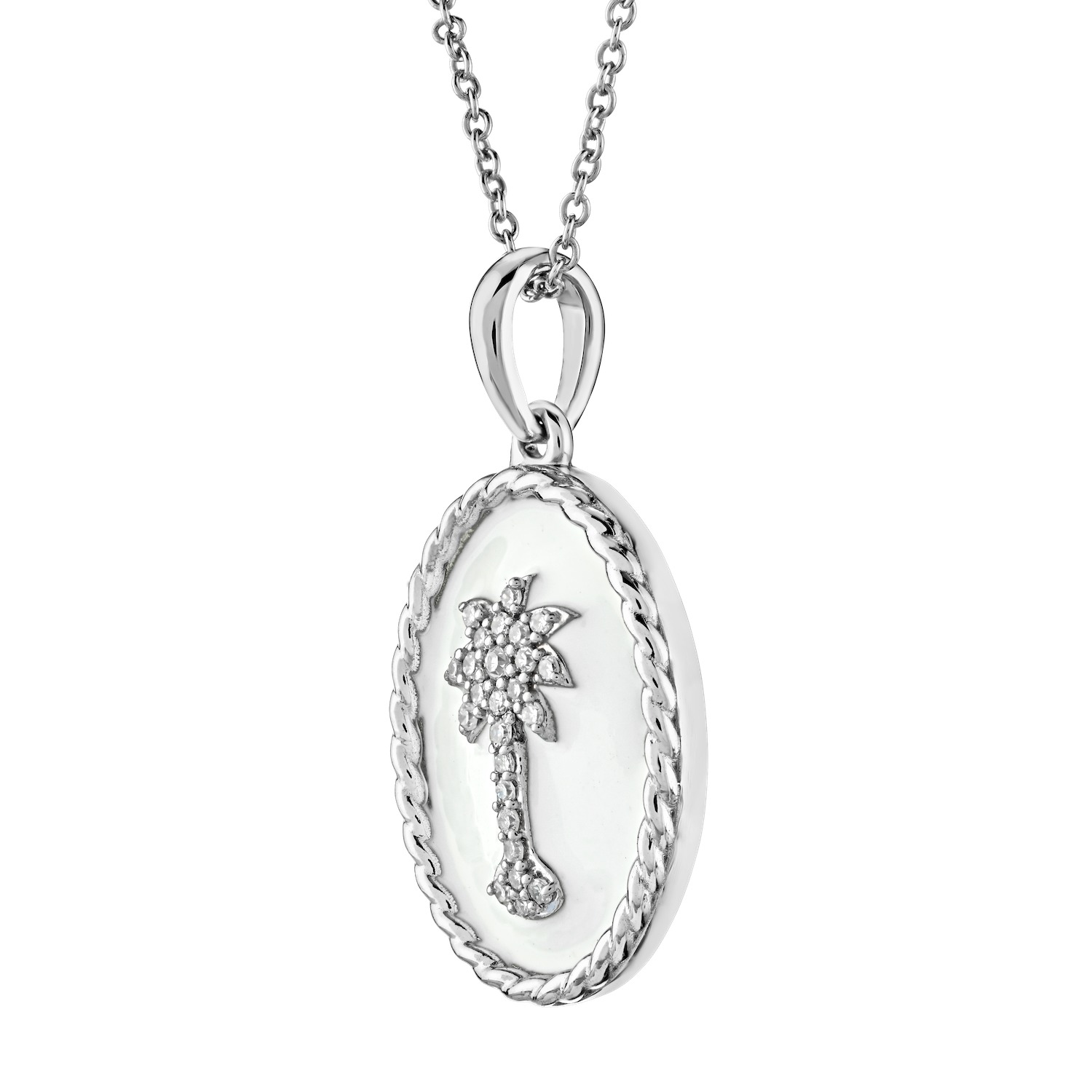 OCEANITY &trade; 14k White Gold Pendant Oval Enamel with Pave Palm Tree Center Twisted Wire Frame Diamond 0.10 Ctw