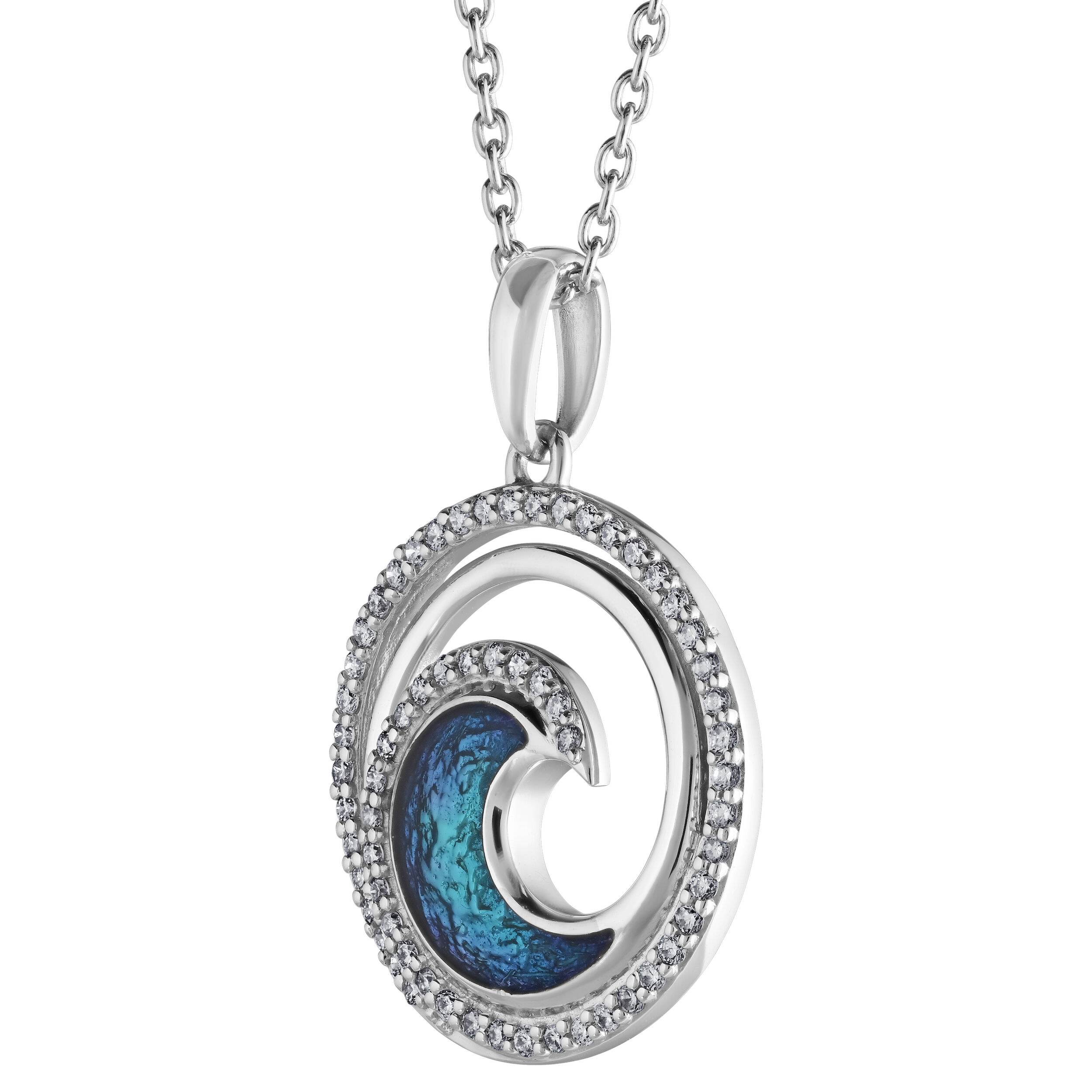 Oceanity&trade; 14K White Gold Pendant Enamel Wave in Micro Pave Set Circle Diamond 0.20 Ctw