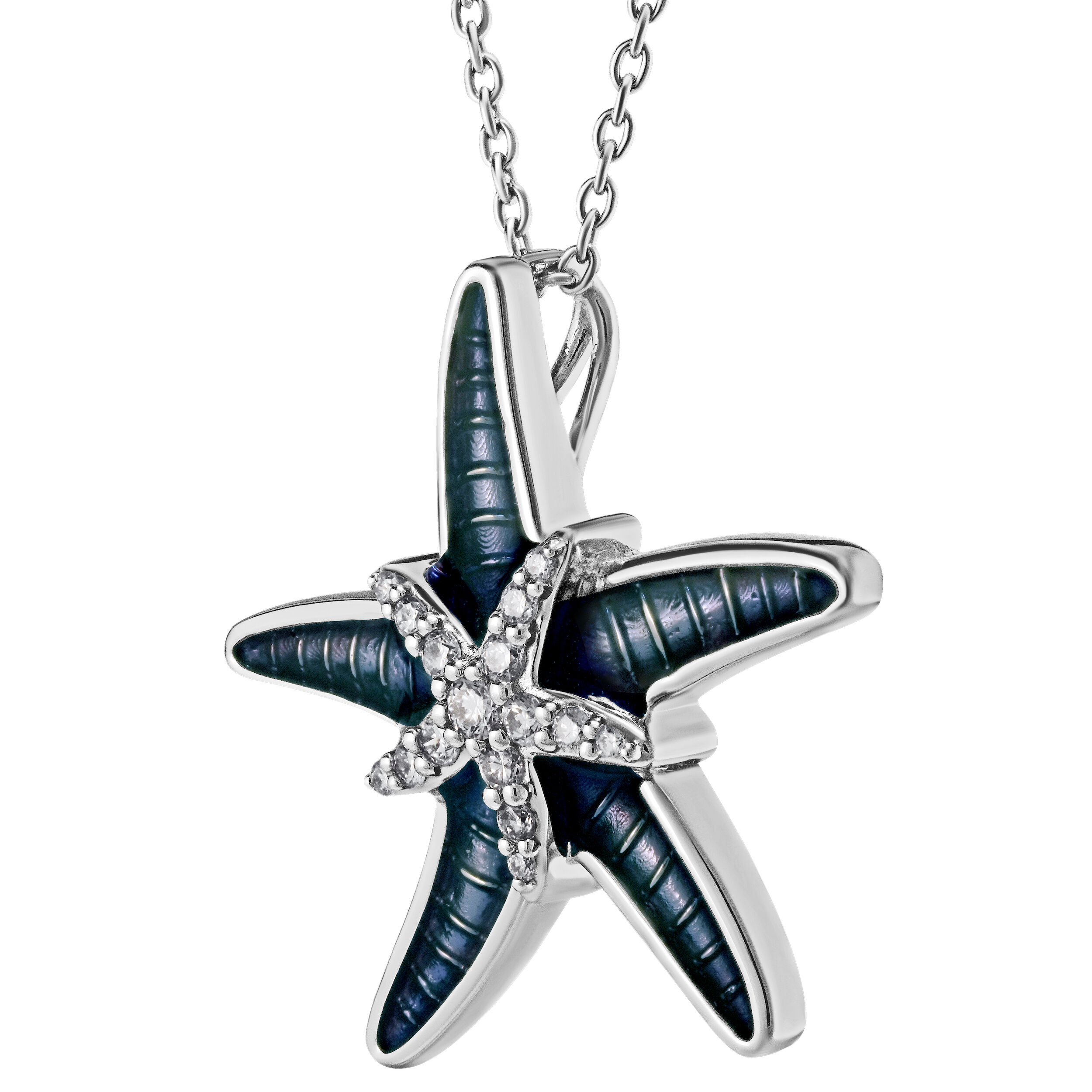 Oceanity&trade; 14K White Gold Pendant Enamel Starfish with Pave Starfish Center Diamond 0.15 Ctw
