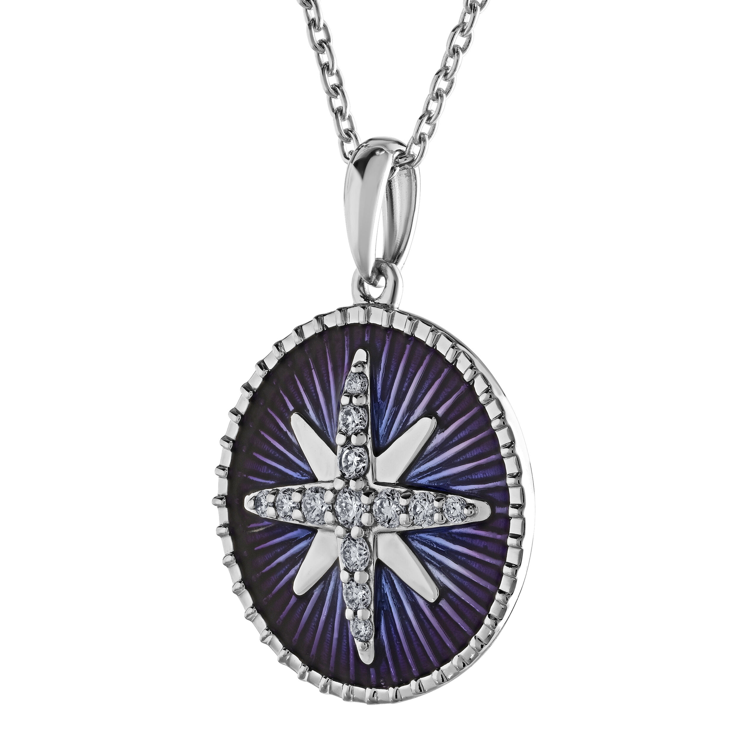 14K White Gold Enamel Round Disc with Pave Starburst Diamond Pendant 0.15 Ctw