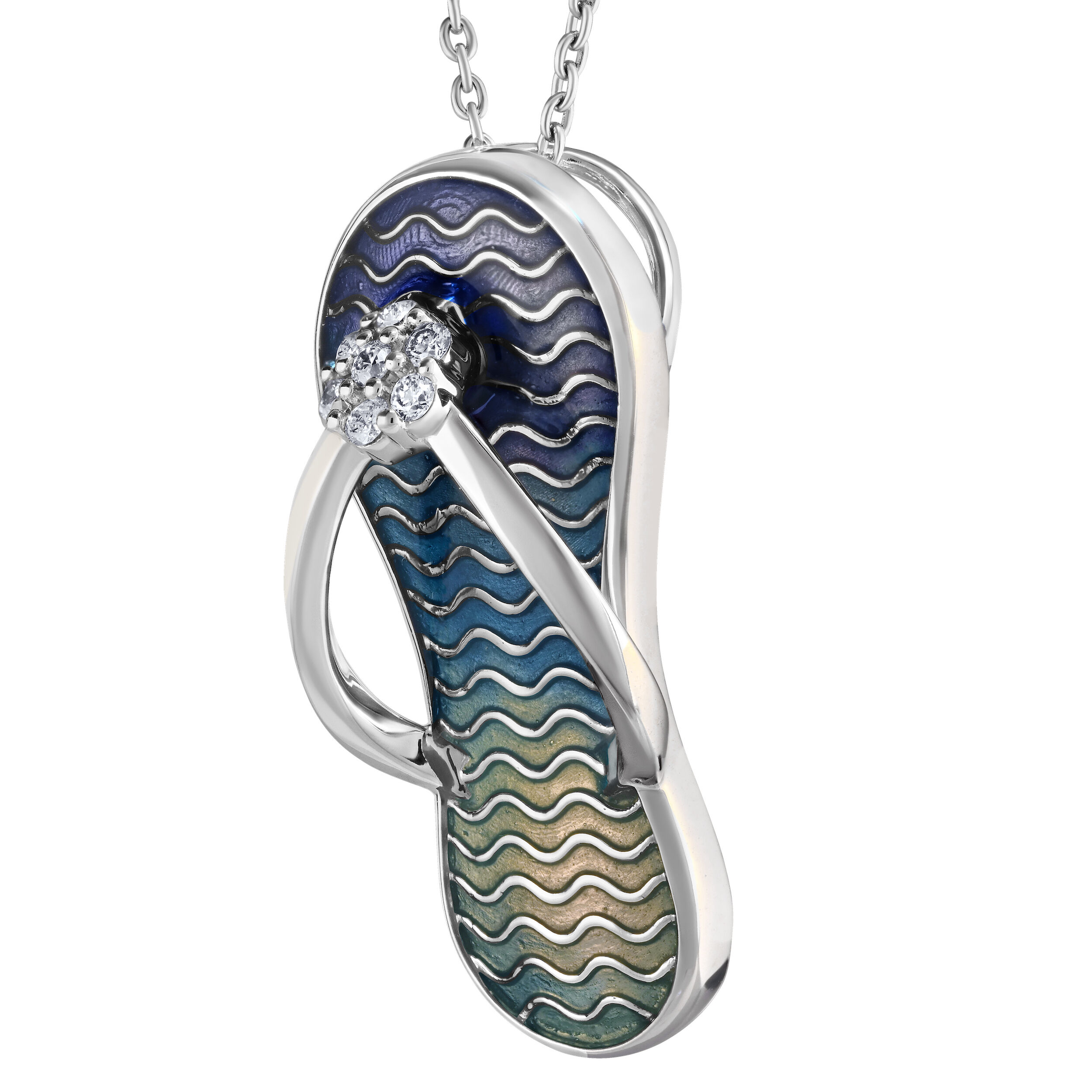 Oceanity&trade; 14K White Gold Pendant Enamel Flip Flop Diamond Flower Center Diamond 0.10 Ctw