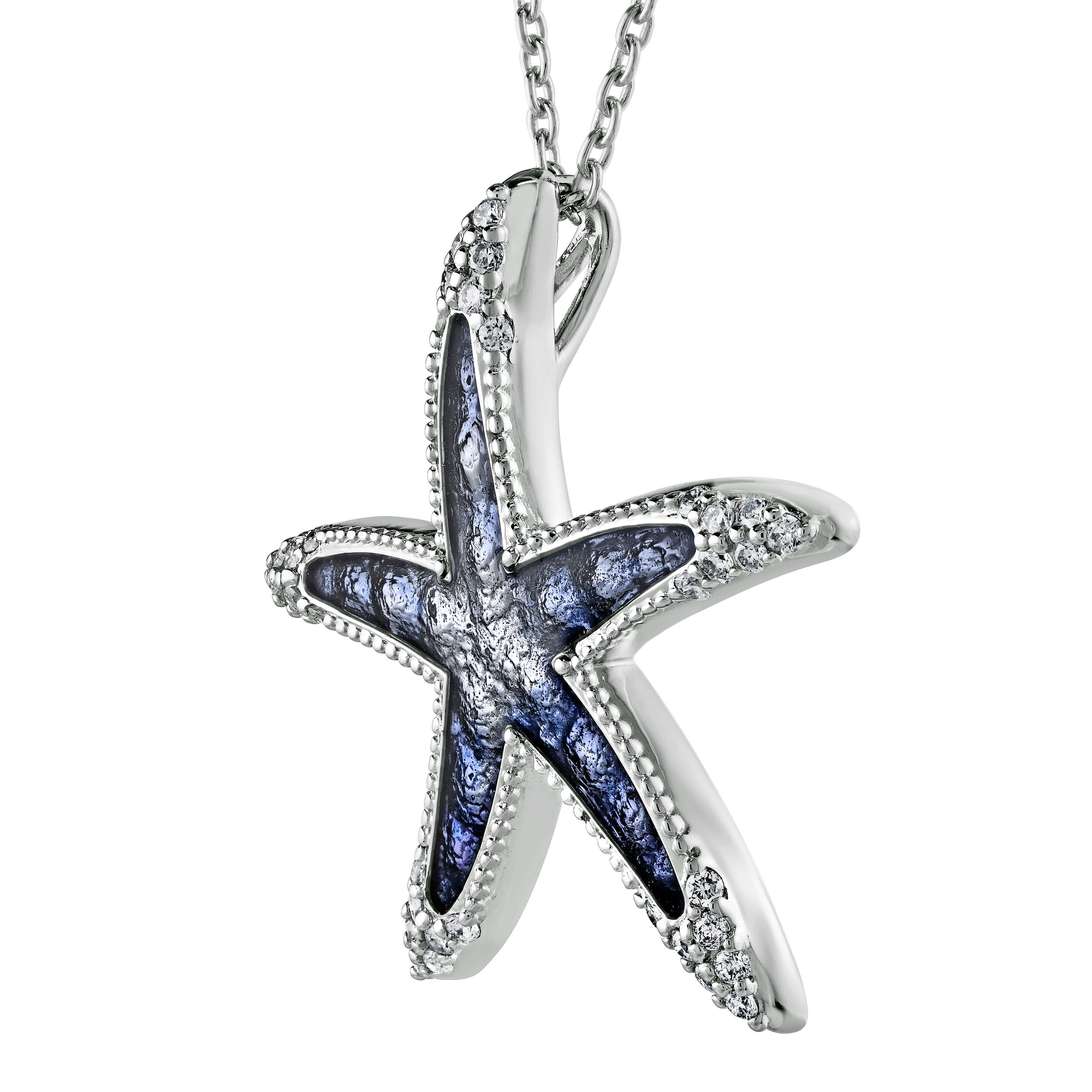 Oceanity&trade; 14K White Gold Pendant Enamel Starfish Milgrain Edges Diamond 0.20 Ctw